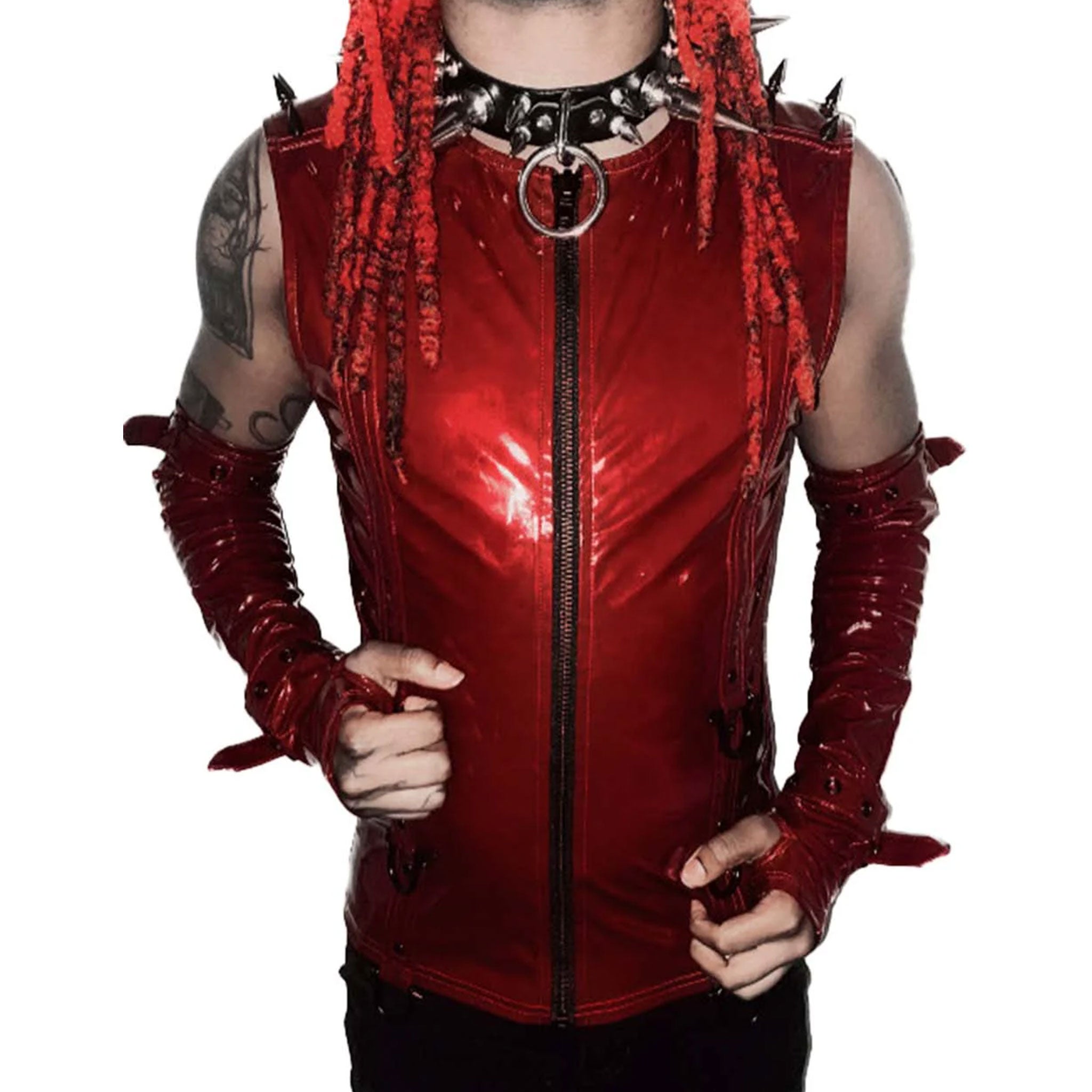 PVC vinyl glossy top shirt sleeveless vest shoulder spiked spikes D-ring front zip fetish wear fashion dungeon master red crimson vampire black