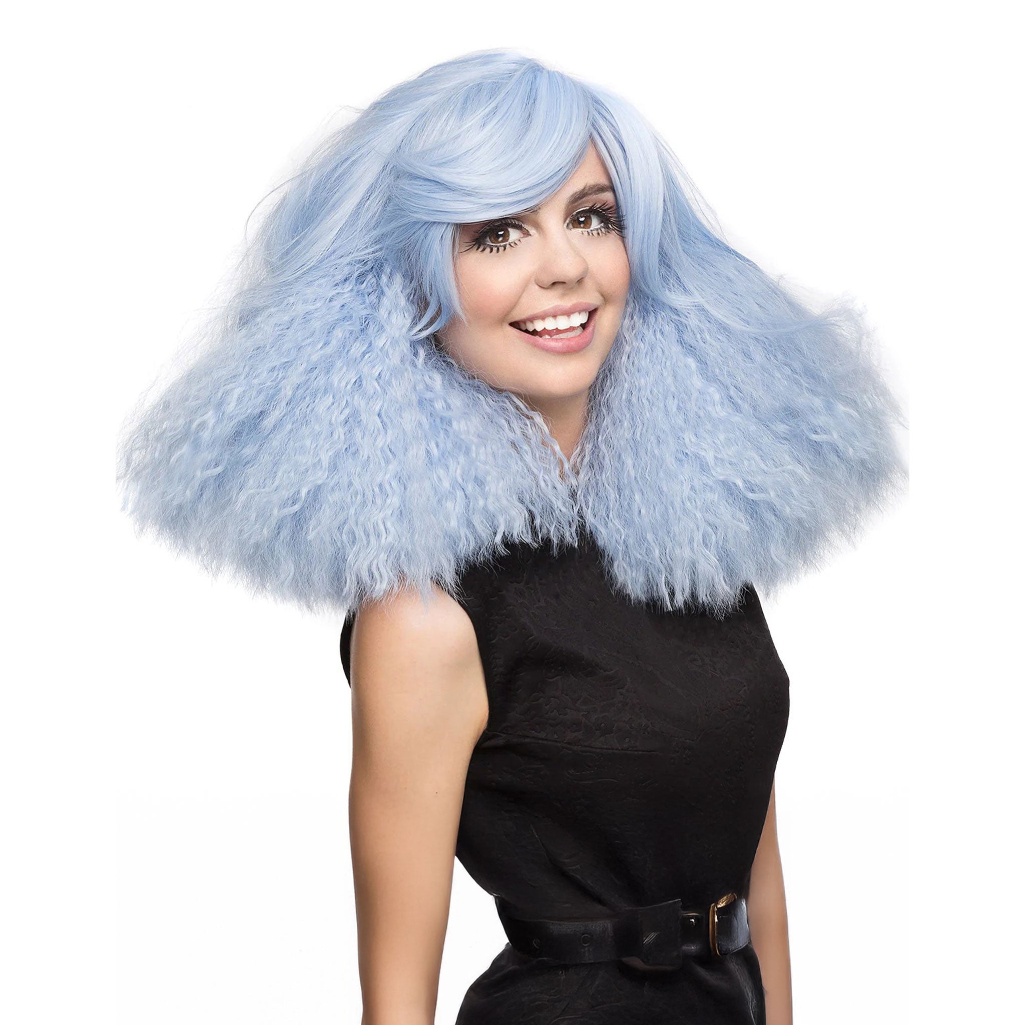 Synthetic-hair synthetic hair wig head-gear headgear long frizzy crimped ends volume soft non-itchy weft brushable combable stylable pre-styled prestyled side-sweeping bangs adjustable heat-safe curling-iron flat-iron flatiron dynamite-collection rockstar rock-star dynamic fashion dramatic fun accessories blue blue-tonium bluetonium sky-blue light-blue powder-blue cornflower-blue