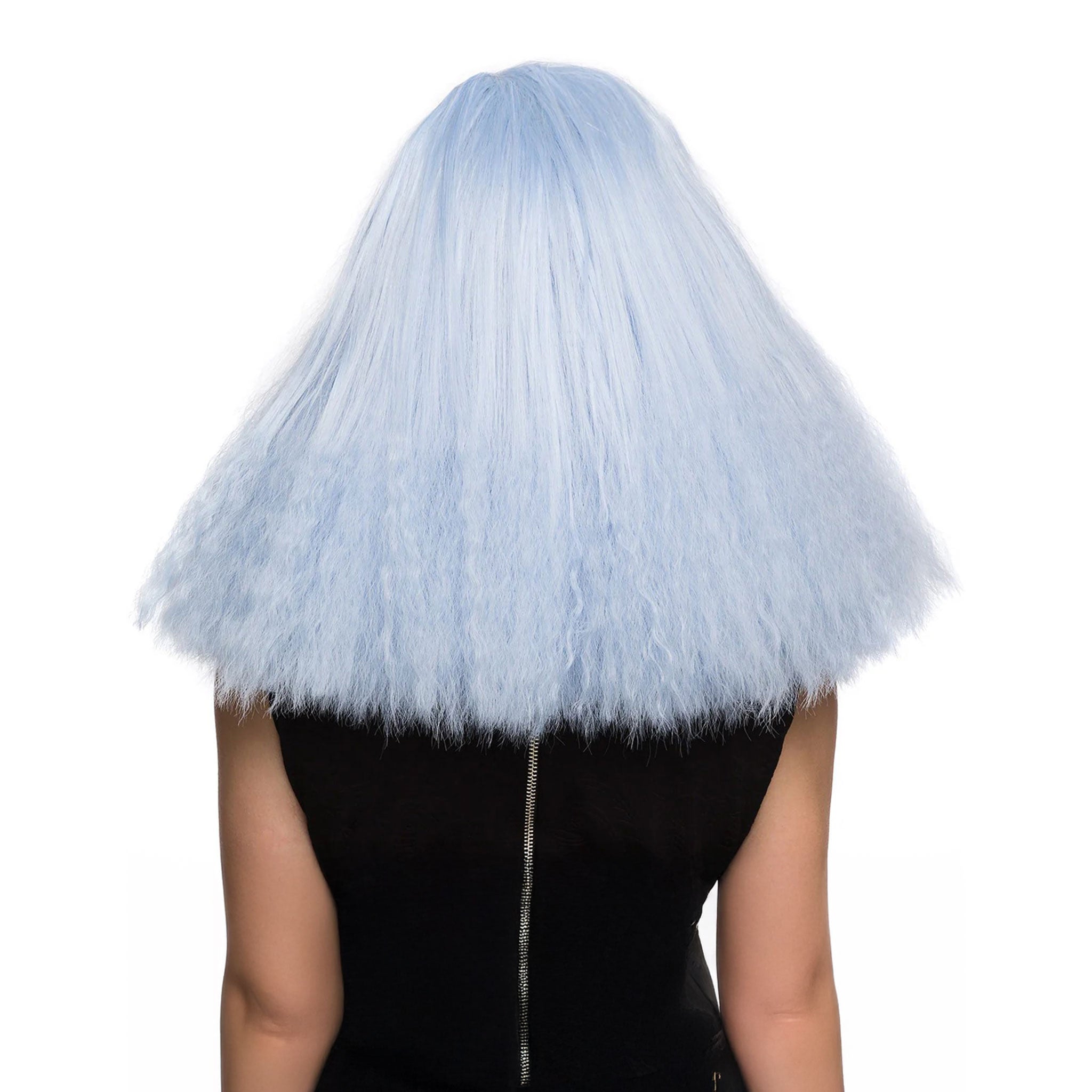 Synthetic-hair synthetic hair wig head-gear headgear long frizzy crimped ends volume soft non-itchy weft brushable combable stylable pre-styled prestyled side-sweeping bangs adjustable heat-safe curling-iron flat-iron flatiron dynamite-collection rockstar rock-star dynamic fashion dramatic fun accessories blue blue-tonium bluetonium sky-blue light-blue powder-blue cornflower-blue