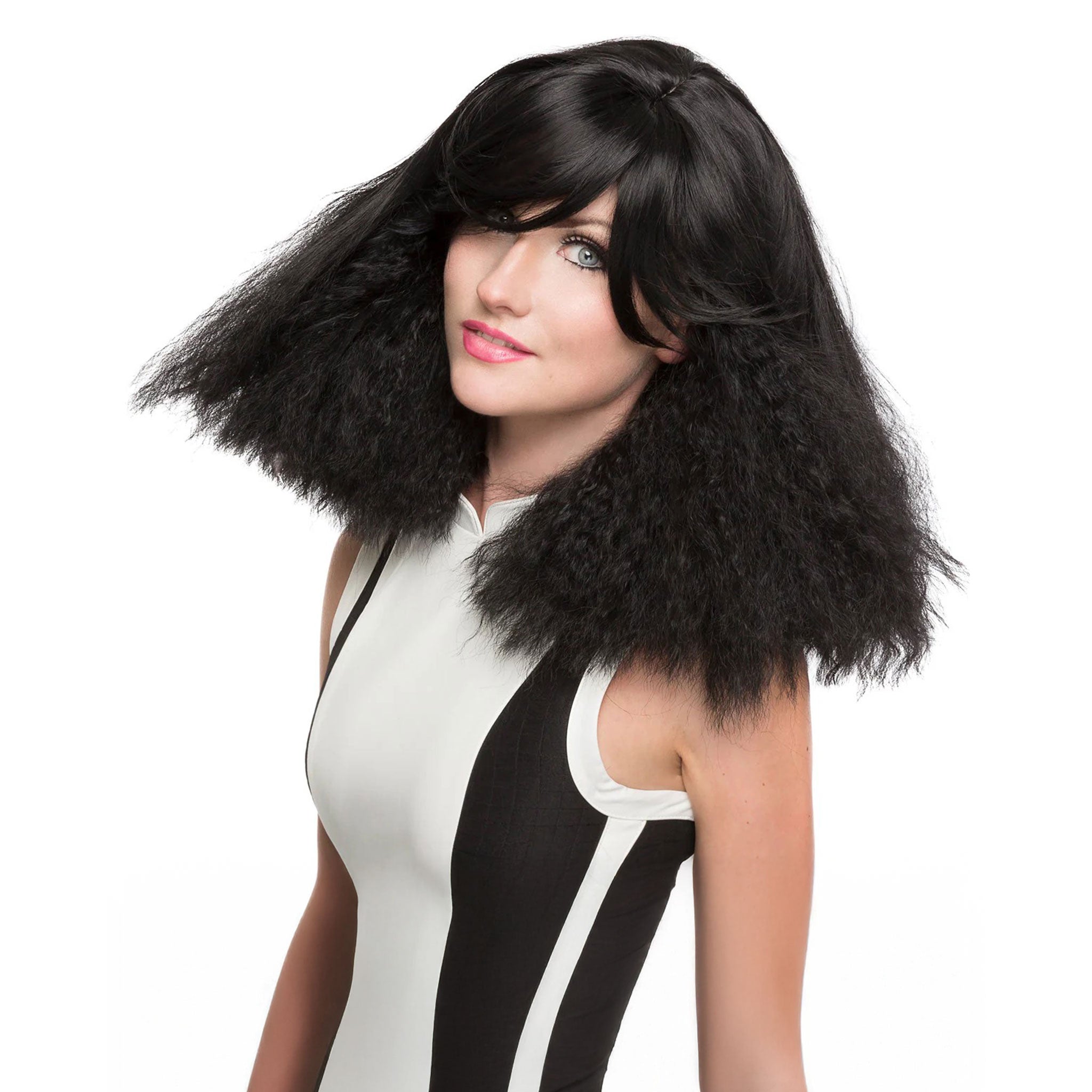 Synthetic-hair synthetic hair wig head-gear headgear long frizzy crimped ends volume soft non-itchy weft brushable combable stylable pre-styled prestyled side-sweeping bangs adjustable heat-safe curling-iron flat-iron flatiron dynamite-collection rockstar rock-star dynamic fashion dramatic fun accessories black midnight-hair-raid