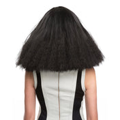 Synthetic-hair synthetic hair wig head-gear headgear long frizzy crimped ends volume soft non-itchy weft brushable combable stylable pre-styled prestyled side-sweeping bangs adjustable heat-safe curling-iron flat-iron flatiron dynamite-collection rockstar rock-star dynamic fashion dramatic fun accessories black midnight-hair-raid