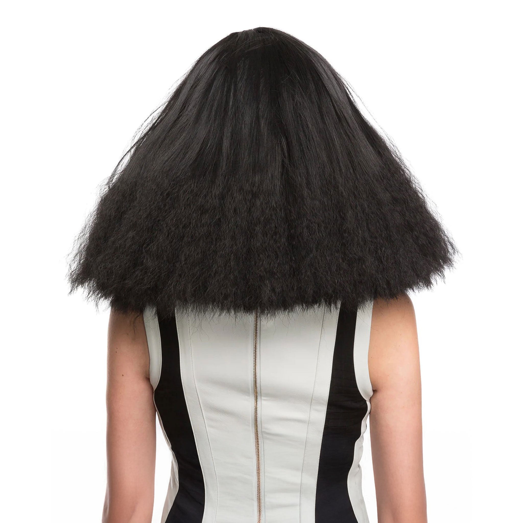 Synthetic-hair synthetic hair wig head-gear headgear long frizzy crimped ends volume soft non-itchy weft brushable combable stylable pre-styled prestyled side-sweeping bangs adjustable heat-safe curling-iron flat-iron flatiron dynamite-collection rockstar rock-star dynamic fashion dramatic fun accessories black midnight-hair-raid