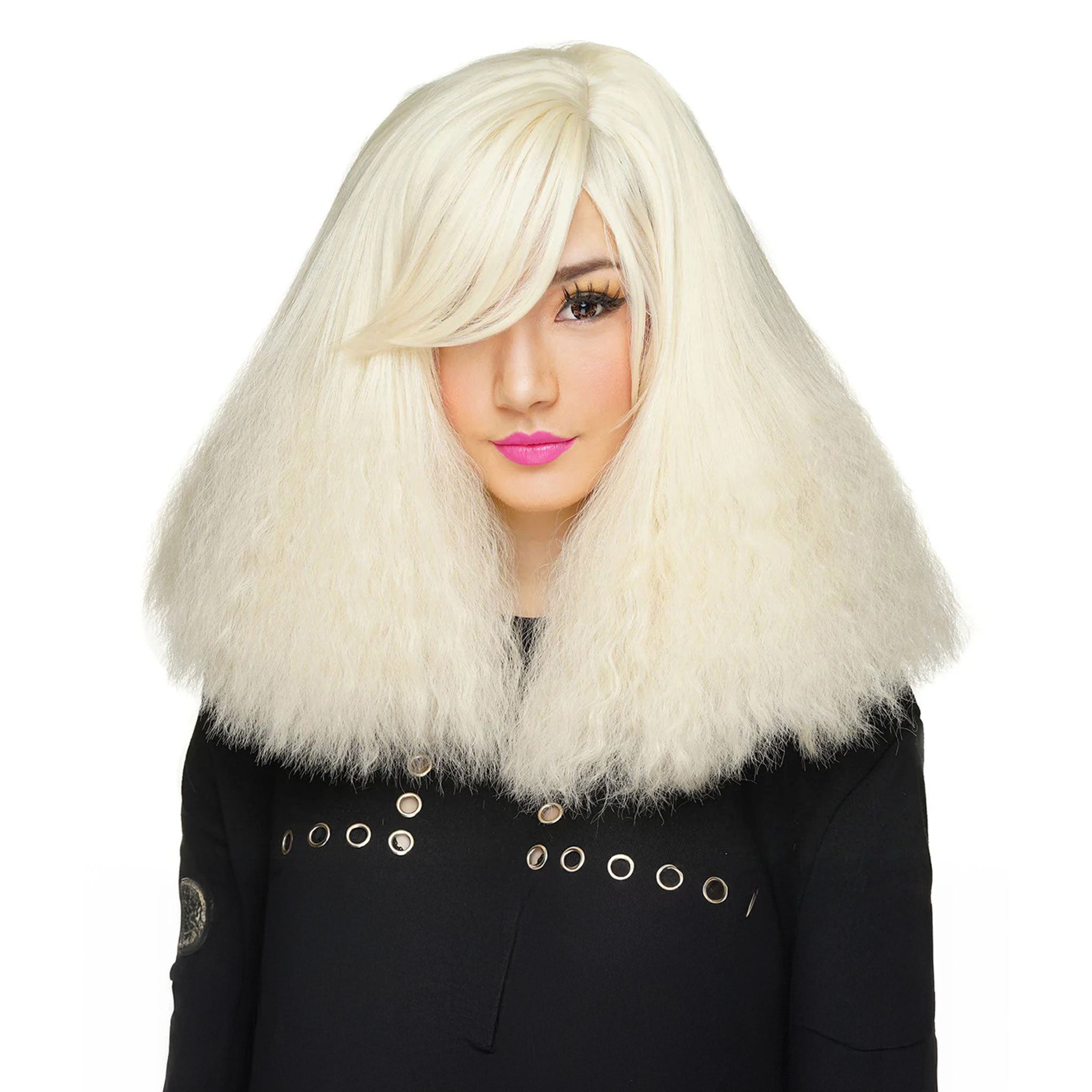 Synthetic-hair synthetic hair wig head-gear headgear long frizzy crimped ends volume soft non-itchy weft brushable combable stylable pre-styled prestyled side-sweeping bangs adjustable heat-safe curling-iron flat-iron flatiron dynamite-collection rockstar rock-star dynamic fashion dramatic fun accessories white blonde platinum-blonde platinum-blonde-blast blond platinum-blond platinum-blond-blast