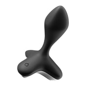 Satisfyer Tetrapod Silicone Butt Plug in black; sleek, tapered design with body-safe silicone for intense pleasure; dimensions 4.3 inches long x 1.6 inches wide; secure flared base for comfortable wear and easy removal