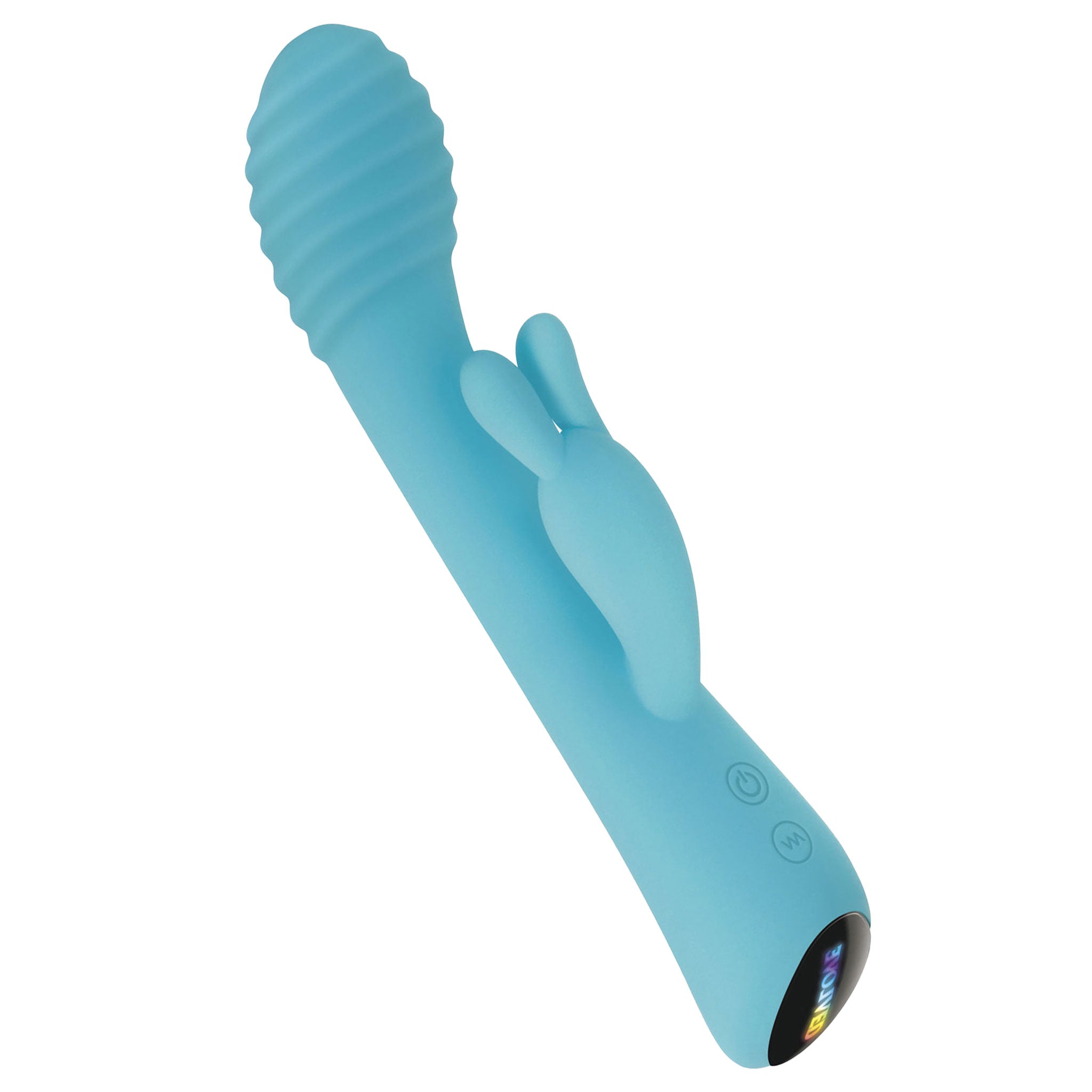 Aqua Bunny Silicone USB Rechargeable Rabbit Vibrator with flexible design; ribbed head and clitoral stimulator with dual "ears"; 9 speeds for both shaft and clit, over 80 combinations; waterproof, USB rechargeable; dimensions: 8.4 inches high x 1.6 inches wide x 1.8 inches deep