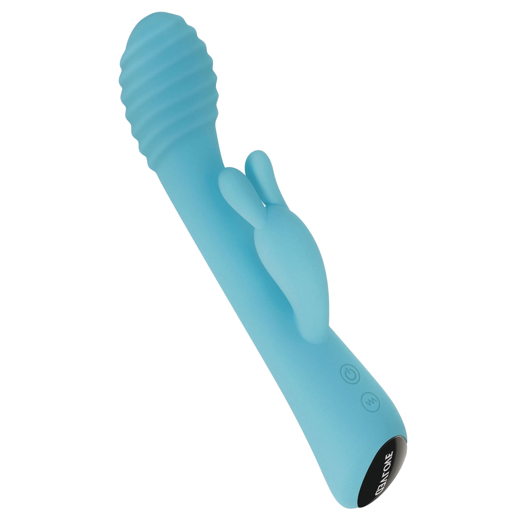 Aqua Bunny Silicone USB Rechargeable Rabbit Vibrator with flexible design; ribbed head and clitoral stimulator with dual "ears"; 9 speeds for both shaft and clit, over 80 combinations; waterproof, USB rechargeable; dimensions: 8.4 inches high x 1.6 inches wide x 1.8 inches deep