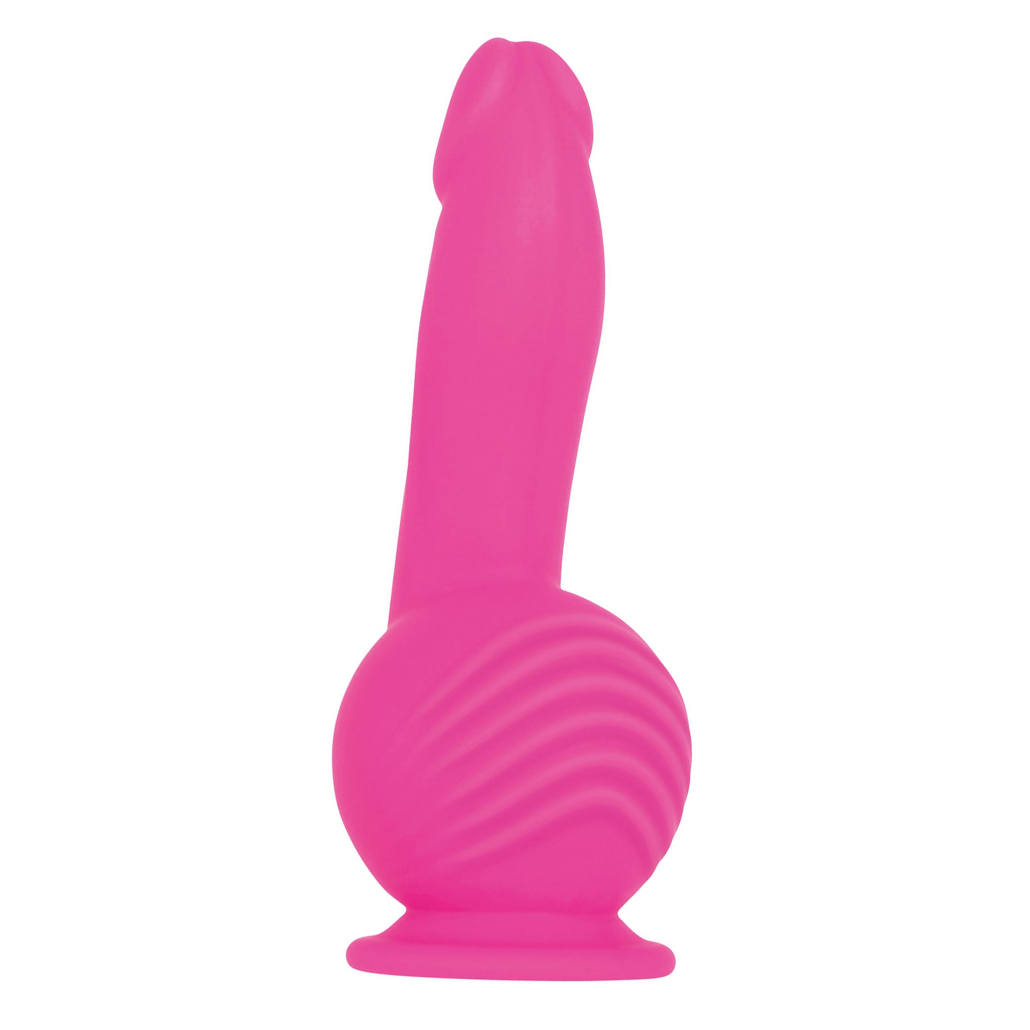 Ball Base Dual Motor Ballistic Vibrator in pink; features dual motors, realistic shaft, 10 speeds, suction cup base; dimensions: 7.75 inches total length (4.5 inches insertable) x 1.5 inches wide (1.4 inches insertable); ball width 2.9 inches; includes remote control with approx. 15 to 20 feet range.