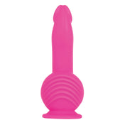 Ball Base Dual Motor Ballistic Vibrator in pink; features dual motors, realistic shaft, 10 speeds, suction cup base; dimensions: 7.75 inches total length (4.5 inches insertable) x 1.5 inches wide (1.4 inches insertable); ball width 2.9 inches; includes remote control with approx. 15 to 20 feet range.