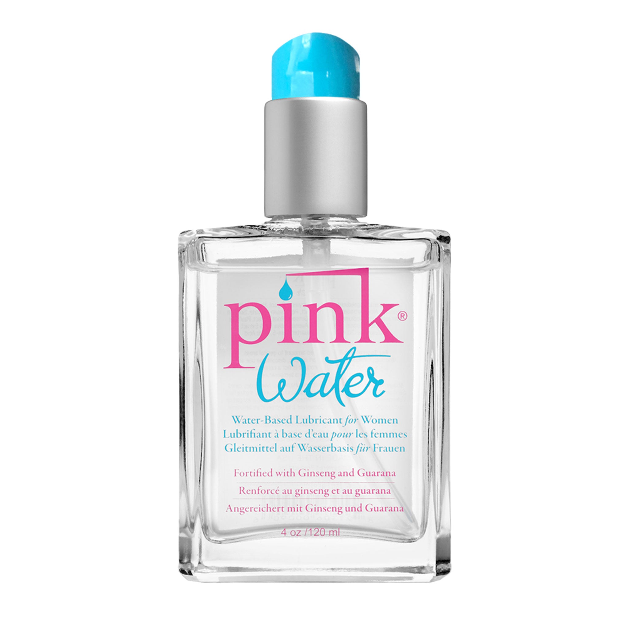 Pink Water-Based Lubricant in a glass bottle with pump; offers a natural, non-sticky glide, hypoallergenic, toy-safe, glycerin-free, paraben-free, and flavor-free; 4 fluid ounces; ingredients include aloe extract, ginseng root extract, and guarana seed extract.





