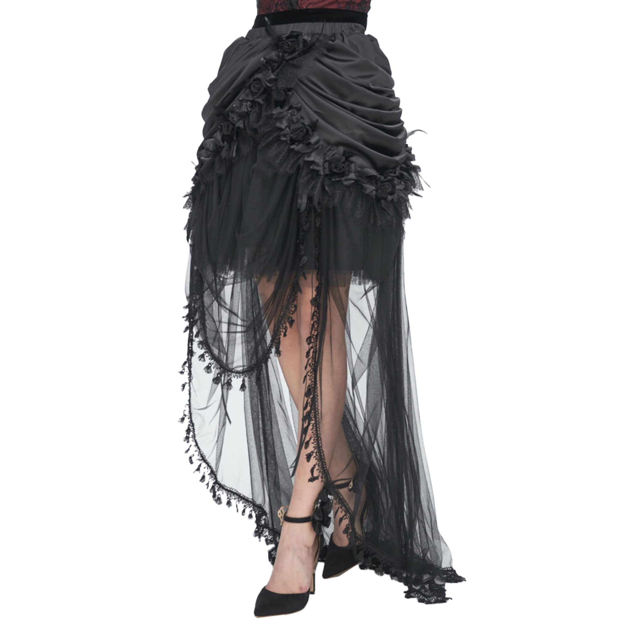 Sheer mesh maxi skirt maxi-skirt floor length floor-length floral ornament trim feathers ruched ruche drawstring goth gothic elegant fitted silhouette halloween costume black