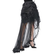 Sheer mesh maxi skirt maxi-skirt floor length floor-length floral ornament trim feathers ruched ruche drawstring goth gothic elegant fitted silhouette halloween costume black