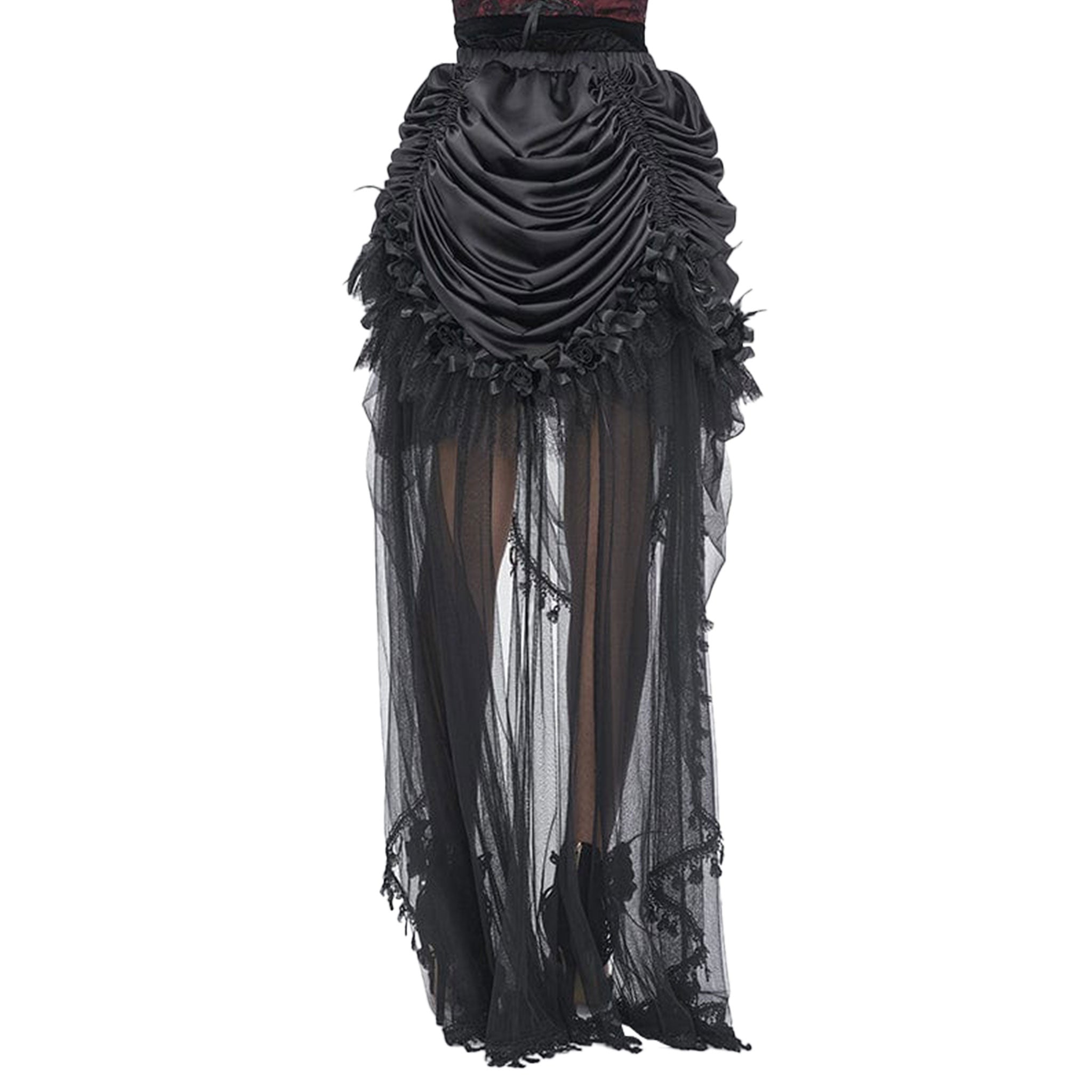 Sheer mesh maxi skirt maxi-skirt floor length floor-length floral ornament trim feathers ruched ruche drawstring goth gothic elegant fitted silhouette halloween costume black