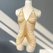 Draped hanging link chain top dress sleeveless halter adjustable gold