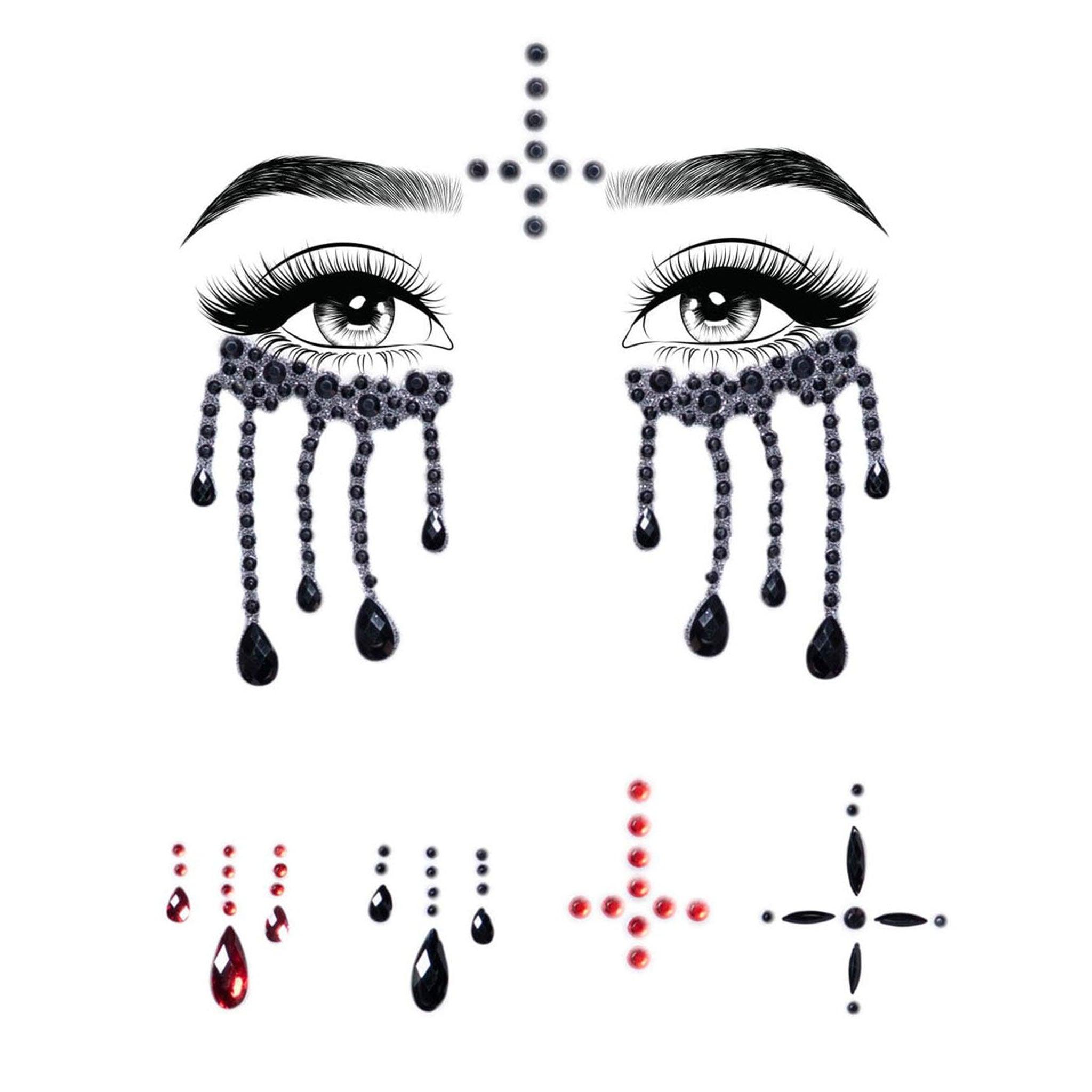 Adhesive body face jewelry jewels rhinestone stickers tears inverted cross possesses black red halloween nun