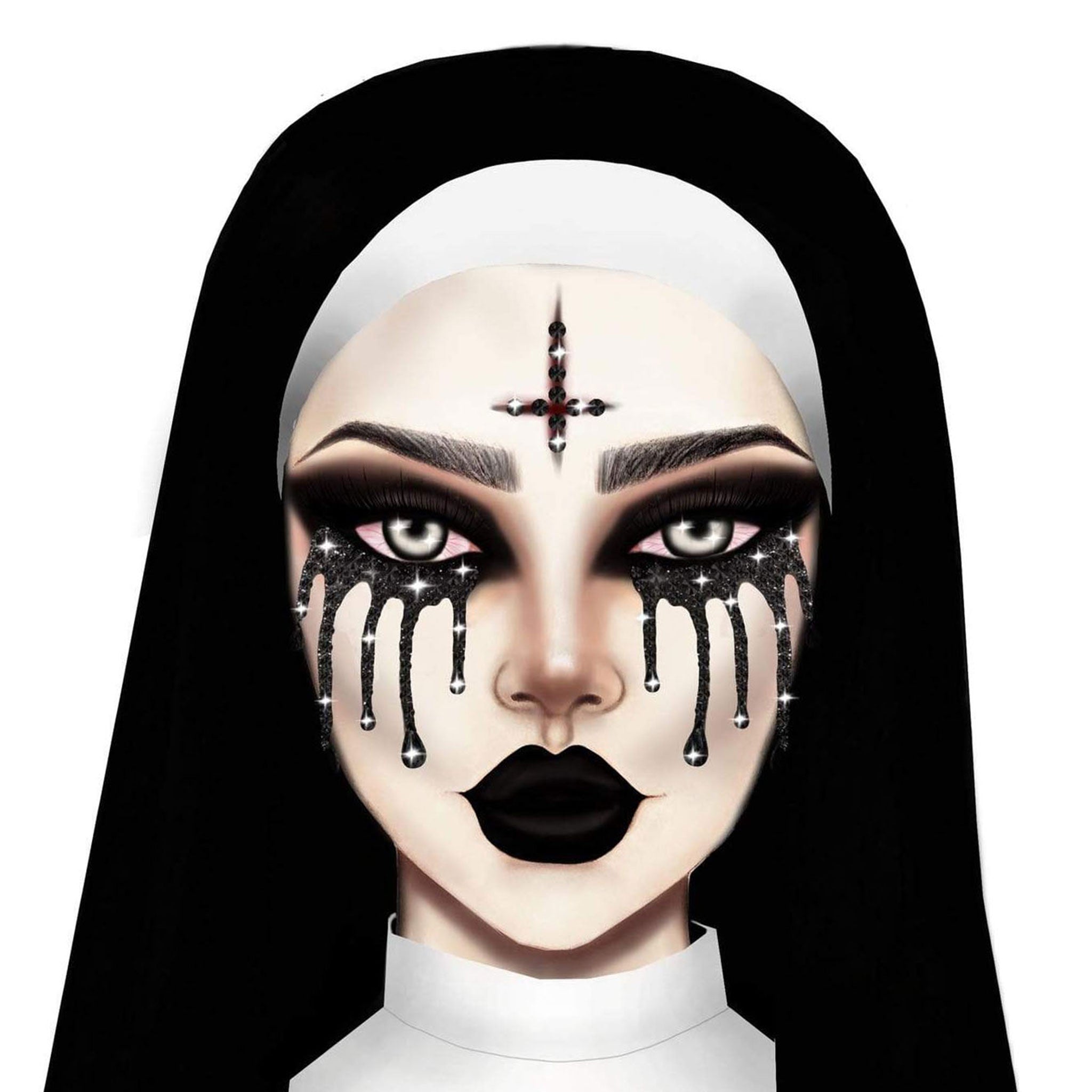 Adhesive body face jewelry jewels rhinestone stickers tears inverted cross possesses black red halloween nun