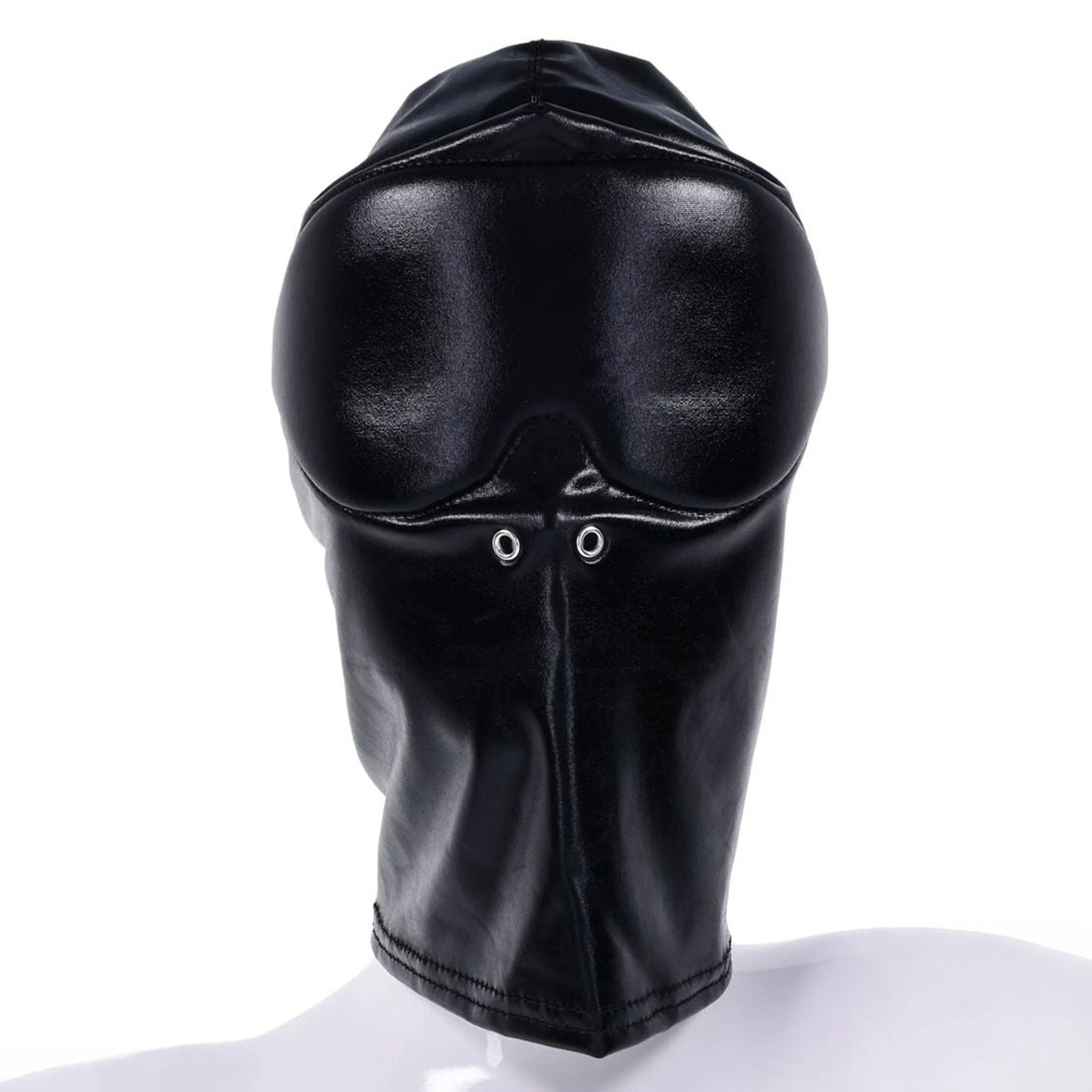 Spandex leather PU polyester iron-grommets accessories headgear hood blindfold padded-blindfold padded-eyes eye-divot blackout integrated blocks-light nostril-holes vents full-coverage stretchy reinforced-stitching breathable comfortable edgy contoured secure durable sleek form-fitting fetish fashion alt-fashion alternative bedroom dungeon dark aesthetic bondage bdsm bdsm-toys bdsm-fashion submission kink kinky kinky-play sensory-play sensory-deprivation anonymous costume cosplay halloween adult-toys unisex