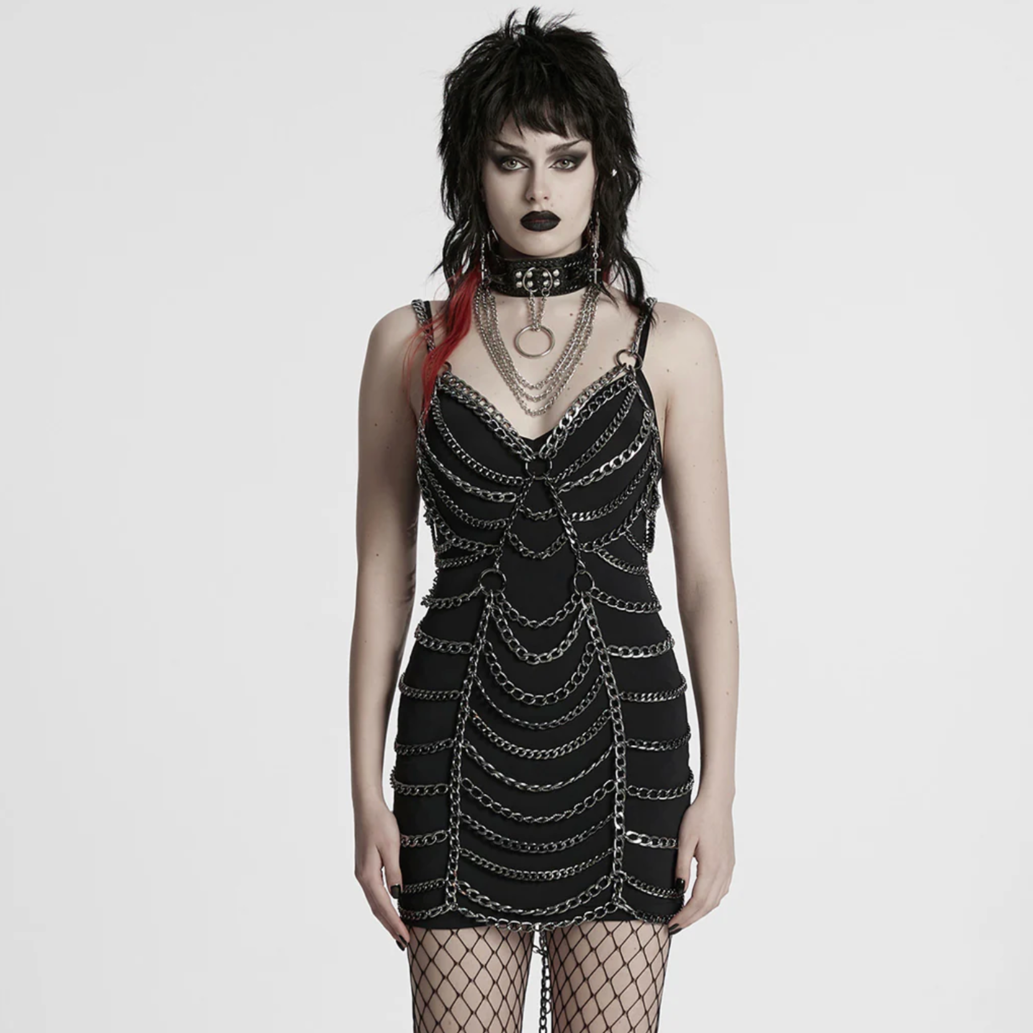 punk skirt chain skirt fishnet accent ring straps slim fit gothic skirt black alternative fashion edgy streetwear metal chains layered texture punk clothing