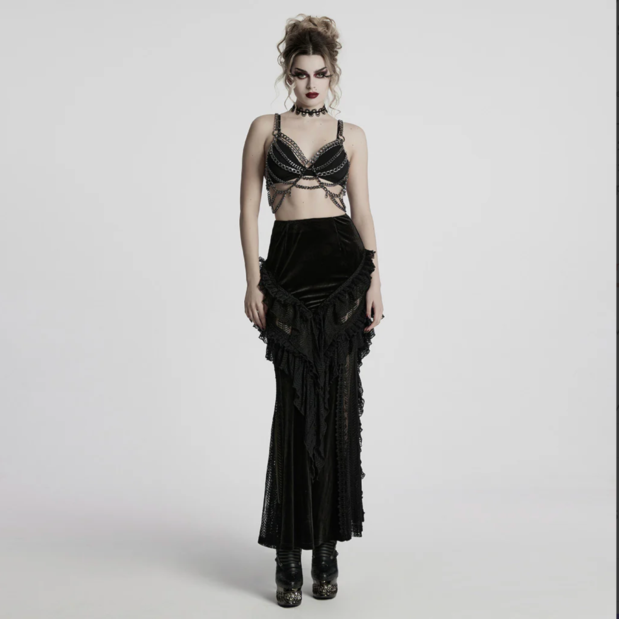 punk skirt chain skirt fishnet accent ring straps slim fit gothic skirt black alternative fashion edgy streetwear metal chains layered texture punk clothing