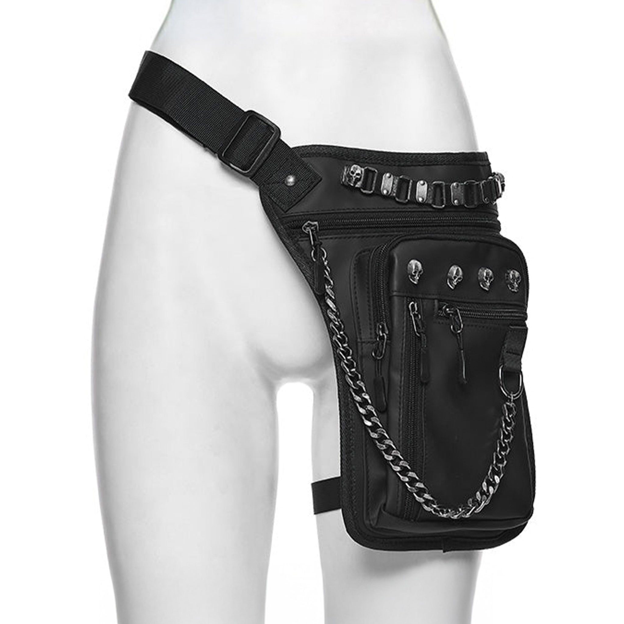 PU polyurethane nylon-webbing accessories bag fanny-pack thigh-bag thigh-holster variable versatile pockets pouches pouch compartments roomy safety-buckle adjustable chain-zip zipper zipper-compartments pull-tabs textured thigh-strap skull skeleton skeletal skull-accent fetish fashion alt-fashion punk edgy attitude practical bold rebellious dark style stylish urban striking costume cosplay halloween unisex black