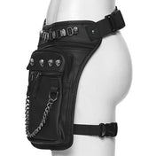 PU polyurethane nylon-webbing accessories bag fanny-pack thigh-bag thigh-holster variable versatile pockets pouches pouch compartments roomy safety-buckle adjustable chain-zip zipper zipper-compartments pull-tabs textured thigh-strap skull skeleton skeletal skull-accent fetish fashion alt-fashion punk edgy attitude practical bold rebellious dark style stylish urban striking costume cosplay halloween unisex black