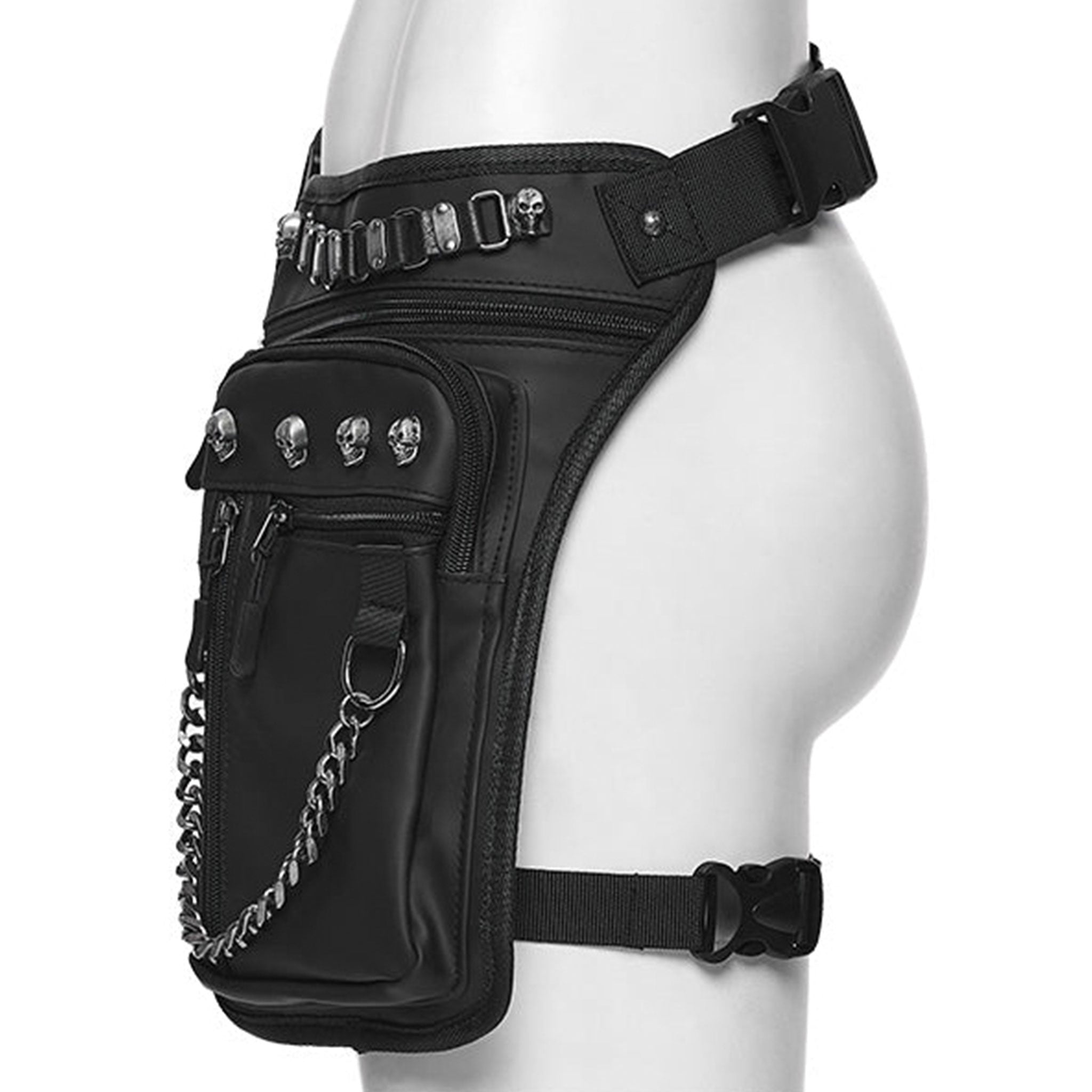 PU polyurethane nylon-webbing accessories bag fanny-pack thigh-bag thigh-holster variable versatile pockets pouches pouch compartments roomy safety-buckle adjustable chain-zip zipper zipper-compartments pull-tabs textured thigh-strap skull skeleton skeletal skull-accent fetish fashion alt-fashion punk edgy attitude practical bold rebellious dark style stylish urban striking costume cosplay halloween unisex black