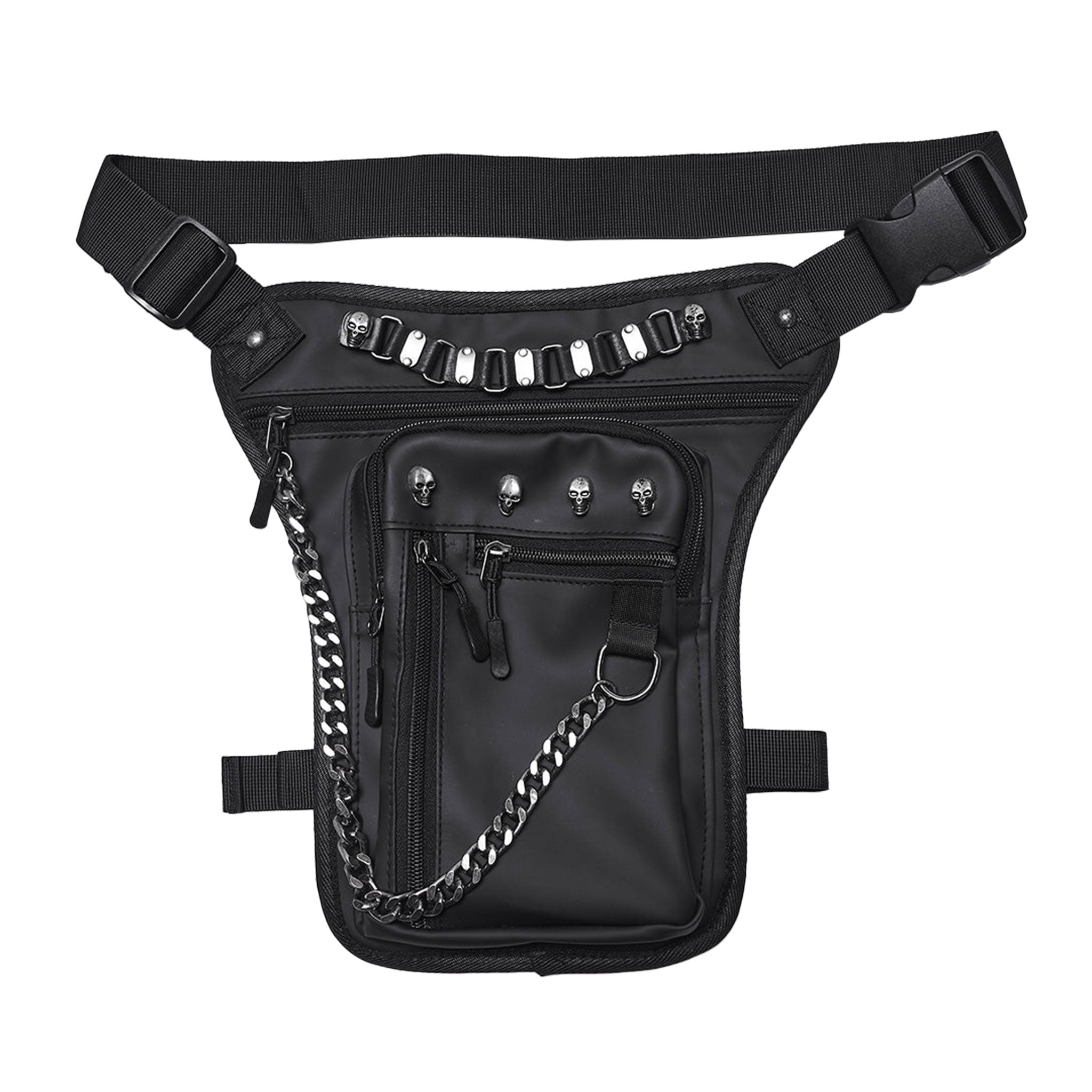 PU polyurethane nylon-webbing accessories bag fanny-pack thigh-bag thigh-holster variable versatile pockets pouches pouch compartments roomy safety-buckle adjustable chain-zip zipper zipper-compartments pull-tabs textured thigh-strap skull skeleton skeletal skull-accent fetish fashion alt-fashion punk edgy attitude practical bold rebellious dark style stylish urban striking costume cosplay halloween unisex black