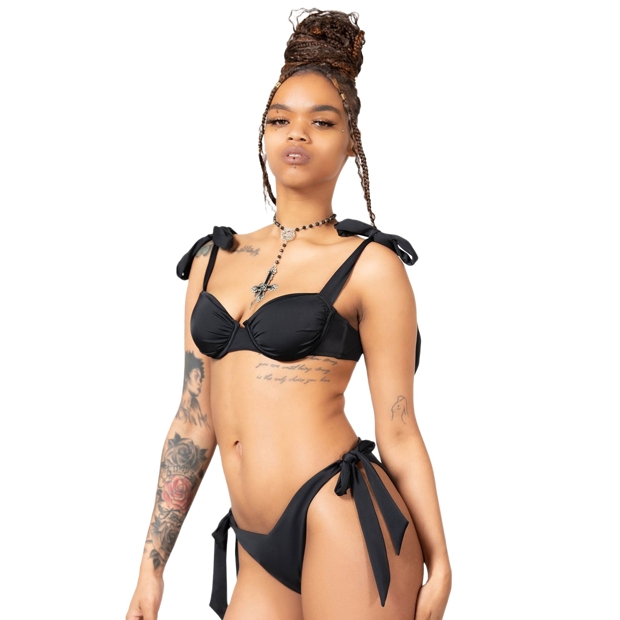 Polyester polyamide elastane fabric intimates lingerie lingerie-set bikini bra underwire padded padding removable tie-up bow adjustable fitted stretchy elastic flexible 2pc 2-pc 2-piece two-piece swimwear female femme feminine women black