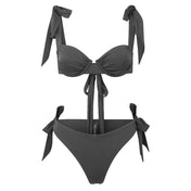 Polyester polyamide elastane fabric intimates lingerie lingerie-set bikini bra underwire padded padding removable tie-up bow adjustable fitted stretchy elastic flexible 2pc 2-pc 2-piece two-piece swimwear female femme feminine women black