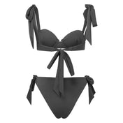 Polyester polyamide elastane fabric intimates lingerie lingerie-set bikini bra underwire padded padding removable tie-up bow adjustable fitted stretchy elastic flexible 2pc 2-pc 2-piece two-piece swimwear female femme feminine women black