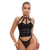 Elastic nylon elastane mesh stretch sheer transparent intimates lingerie lingerie-set bustier cage harness underwire support strappy choker collar panty panties gstring g-string O-ring adjustable straps 2pc 2-pc 2-piece two-piece swanhook swan-hook back-zip zipper adjustable sexy sultry edgy fashionable boudoir seductive photo-shoot female femme feminine women black gold