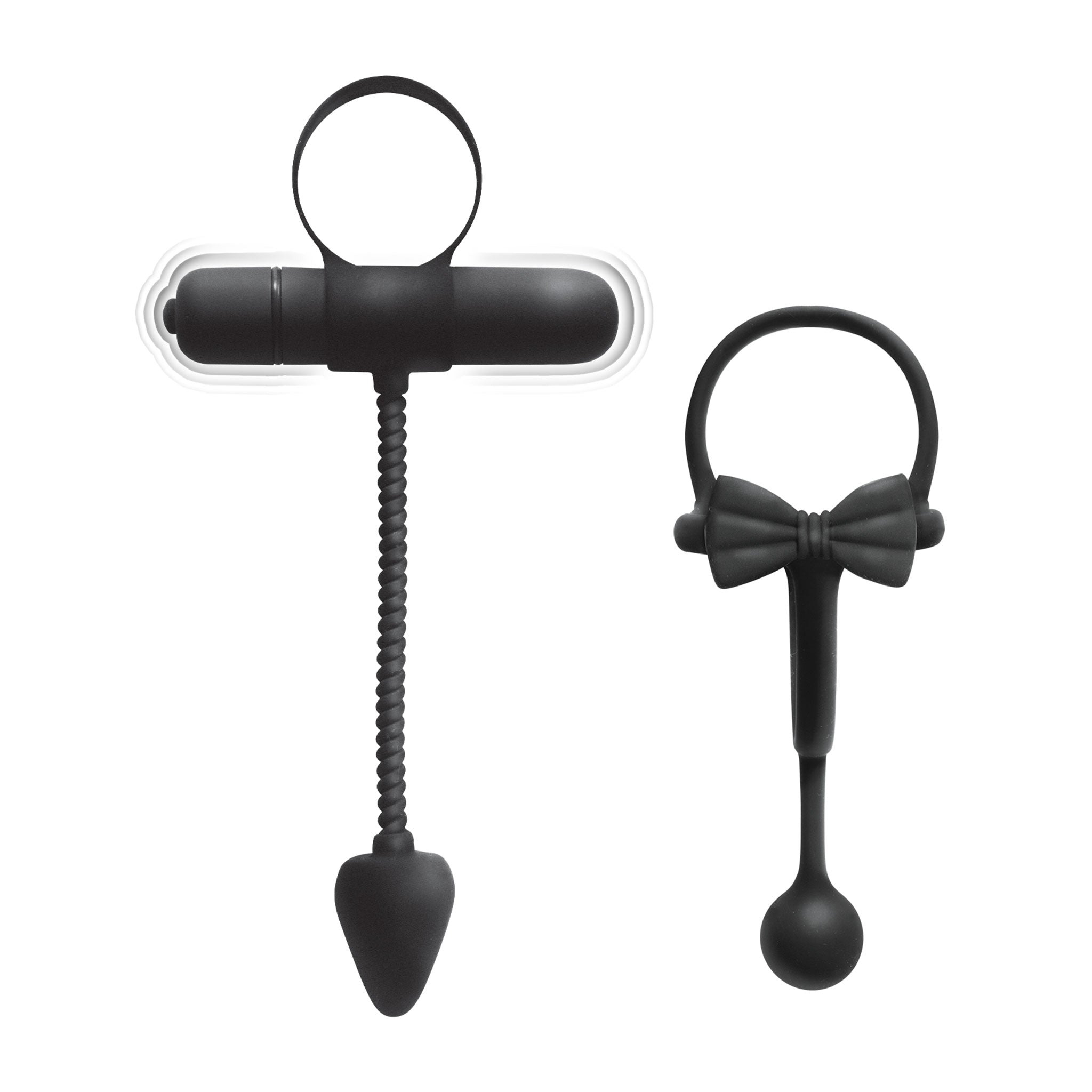 Silicone accessories cock-and-ball cnb cockring cock-ting vibrating nonvibrating vibe non-vibe nonvibe vibrator enhancer erection hard 2pk 2-pack two-pack weighted ball-banger scrotum-ring buttplug butt-plug bowtie battery-operated AAA-battery fetish fashion alt-fashion kink kinky kinky-toys stocking-stuffers adult-toys male masculine masc mens guys dudes couples black 