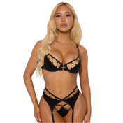 Evangeline satin bra and g-string set with gold chain garter, underwire bra with chain-laced cups, strappy thong, high waist garter belt, seductive lingerie set for women, bold satin and chain lingerie, Fetish Factory exclusive sexy lingerie
