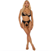 Evangeline satin bra and g-string set with gold chain garter, underwire bra with chain-laced cups, strappy thong, high waist garter belt, seductive lingerie set for women, bold satin and chain lingerie, Fetish Factory exclusive sexy lingerie