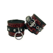 Leather exotic-leather snake-leather crocodile-leather croc leather-lining accessories restraints cuffs ankle ankle-cuffs dual-layer adjustable buckle grommets D-ring triangle-ring O-ring contrast-stitching fetish fashion alt-fashion punk goth gothic bondage bdsm sub submissive submission kink kinky kinky-play unisex black red