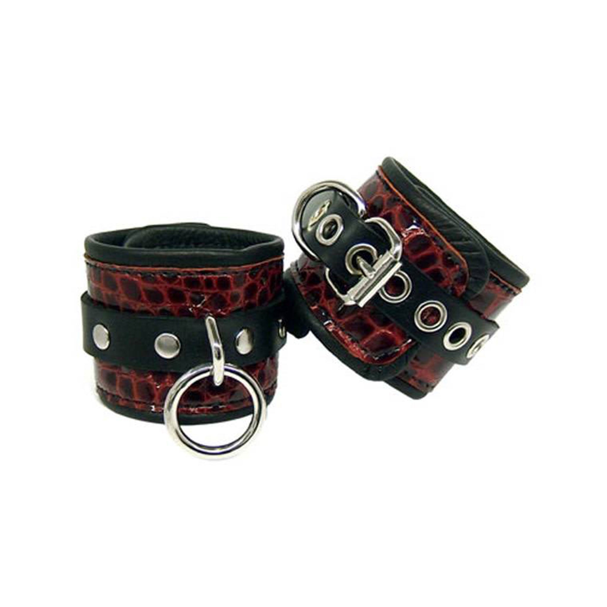 Leather exotic-leather snake-leather crocodile-leather croc leather-lining accessories restraints cuffs ankle ankle-cuffs dual-layer adjustable buckle grommets D-ring triangle-ring O-ring contrast-stitching fetish fashion alt-fashion punk goth gothic bondage bdsm sub submissive submission kink kinky kinky-play unisex black red