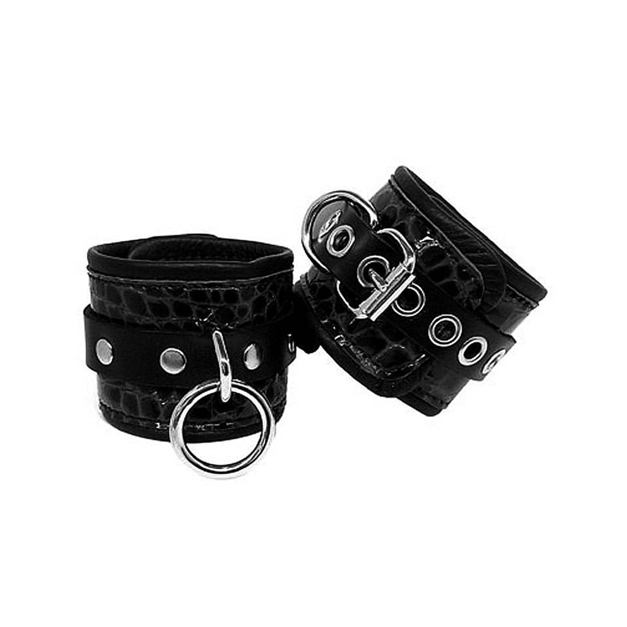 Leather exotic-leather snake-leather crocodile-leather croc leather-lining accessories restraints cuffs ankle ankle-cuffs dual-layer adjustable buckle grommets D-ring triangle-ring O-ring contrast-stitching fetish fashion alt-fashion punk goth gothic bondage bdsm sub submissive submission kink kinky kinky-play unisex black
