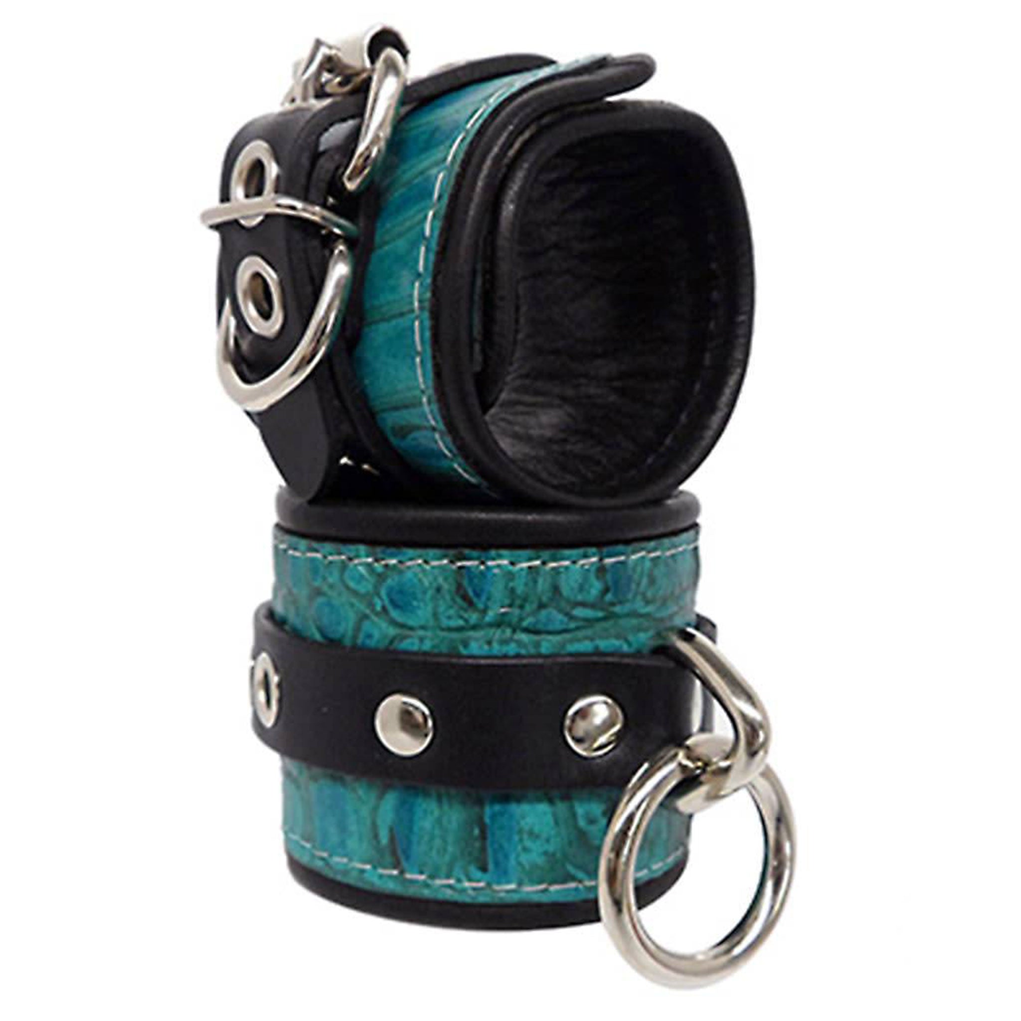 Leather exotic-leather snake-leather crocodile-leather croc leather-lining accessories restraints cuffs ankle ankle-cuffs dual-layer adjustable buckle grommets D-ring triangle-ring O-ring contrast-stitching fetish fashion alt-fashion punk goth gothic bondage bdsm sub submissive submission kink kinky kinky-play unisex turquoise