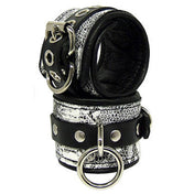 Leather exotic-leather snake-leather crocodile-leather croc leather-lining accessories restraints cuffs ankle ankle-cuffs dual-layer adjustable buckle grommets D-ring triangle-ring O-ring contrast-stitching fetish fashion alt-fashion punk goth gothic bondage bdsm sub submissive submission kink kinky kinky-play unisex snake snakeskin