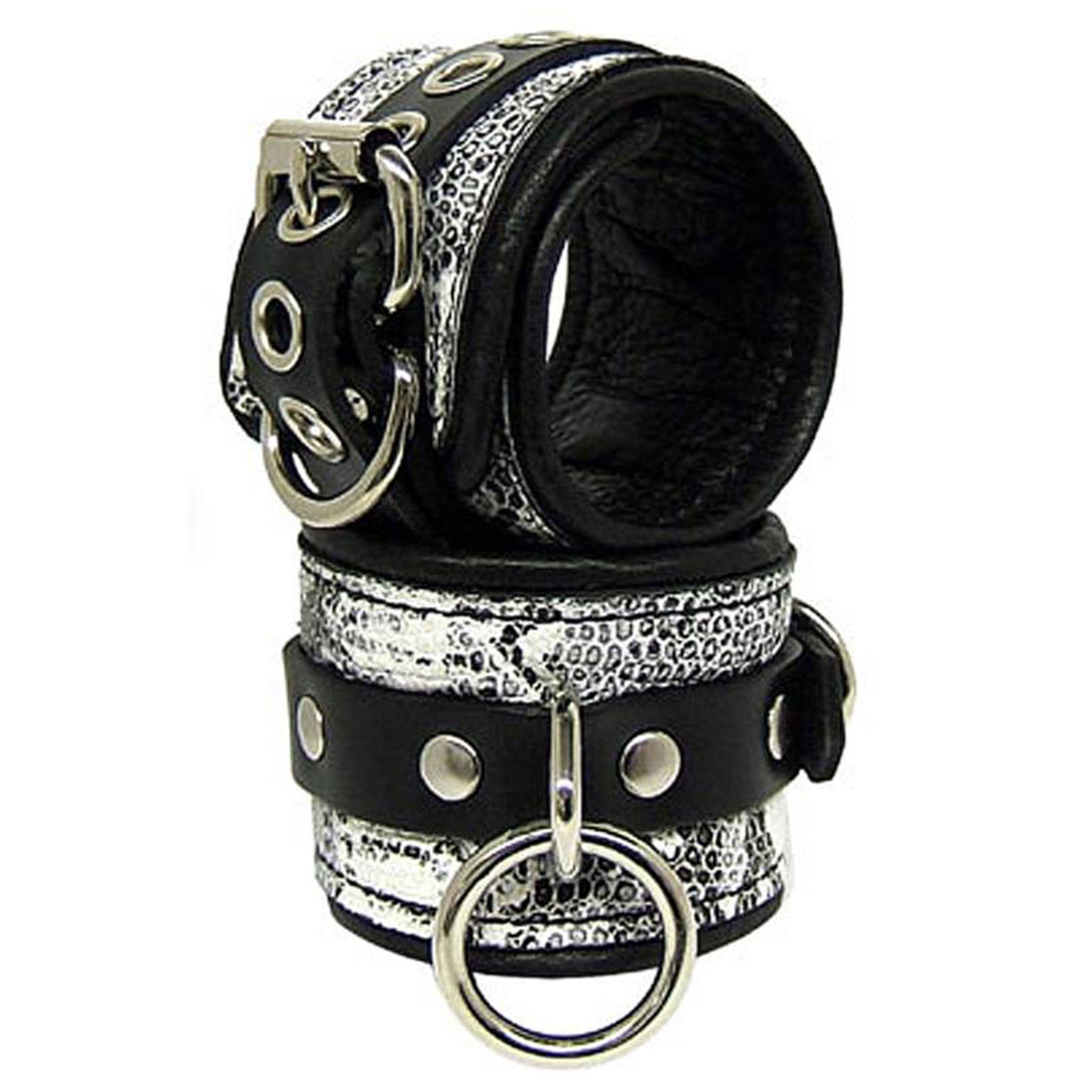 Leather exotic-leather snake-leather crocodile-leather croc leather-lining accessories restraints cuffs ankle ankle-cuffs dual-layer adjustable buckle grommets D-ring triangle-ring O-ring contrast-stitching fetish fashion alt-fashion punk goth gothic bondage bdsm sub submissive submission kink kinky kinky-play unisex snake snakeskin