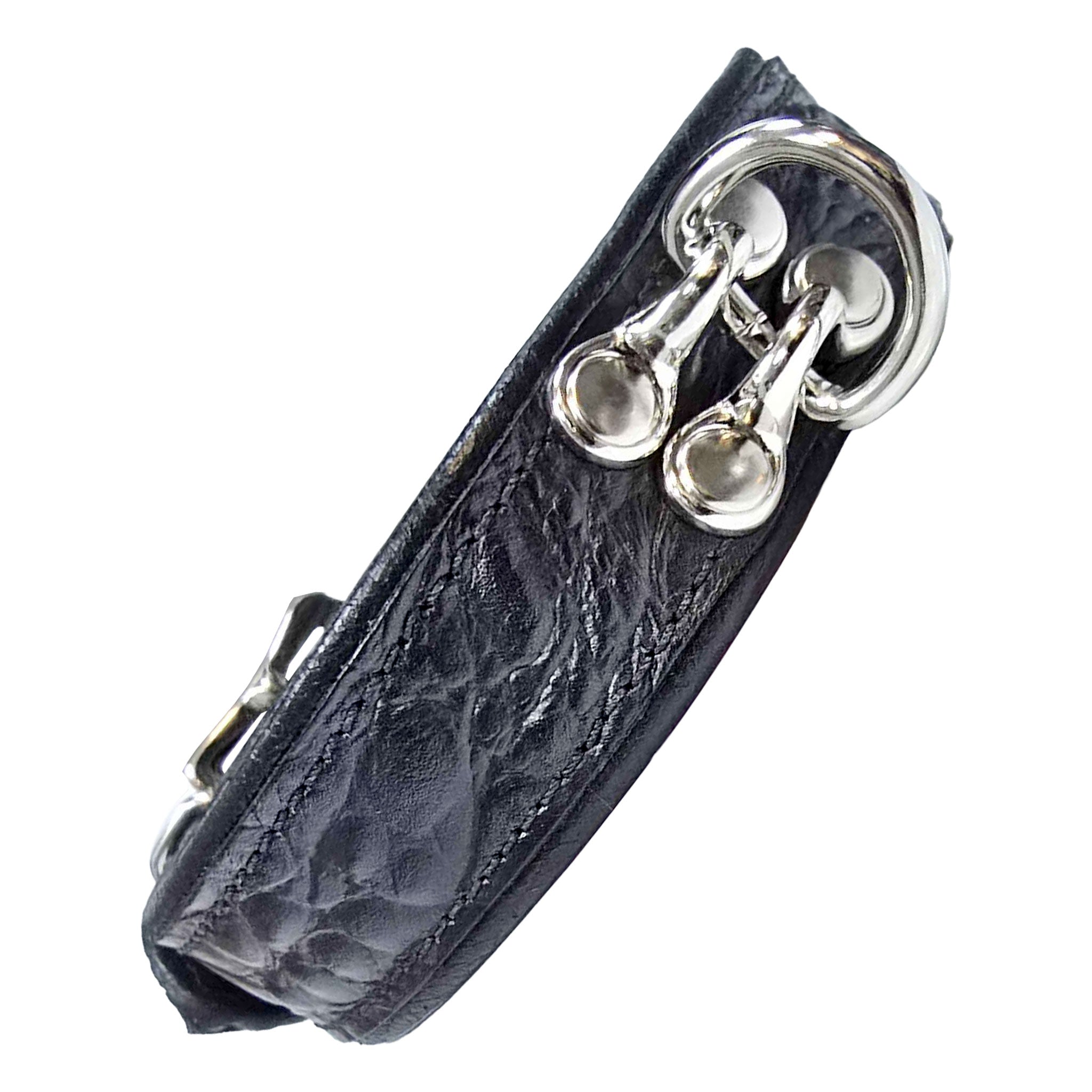 Leather genuine-leather exotic-leather accessories collar choker D-ring hinged adjustable buckle tantalizing must-have fetish fashion alt-fashion punk goth gothic bondage bdsm bdsm-gear restraints kink kinky kinkwear unisex black crocodile