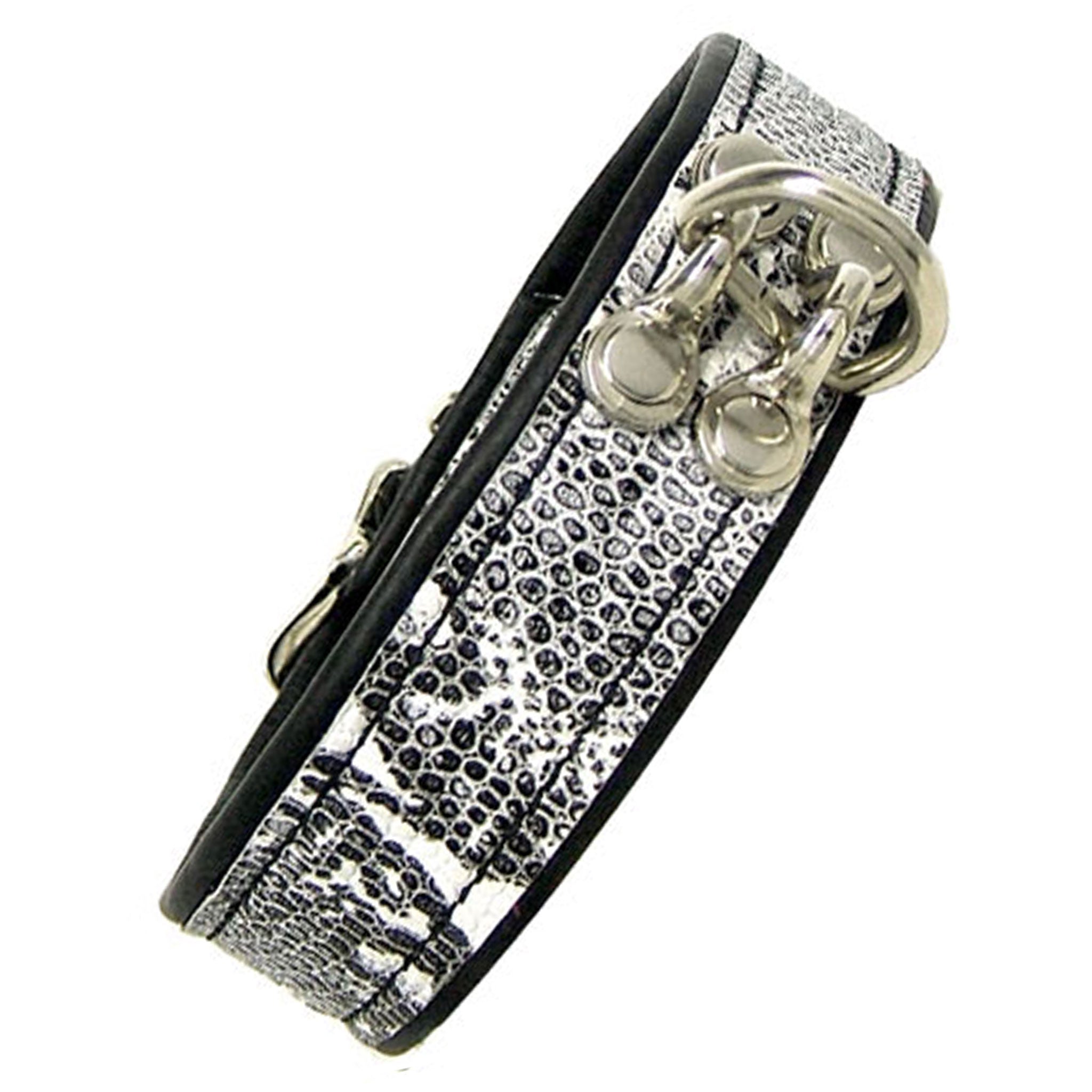 Leather genuine-leather exotic-leather accessories collar choker D-ring hinged adjustable buckle tantalizing must-have fetish fashion alt-fashion punk goth gothic bondage bdsm bdsm-gear restraints kink kinky kinkwear unisex black-and-white snakeskin 