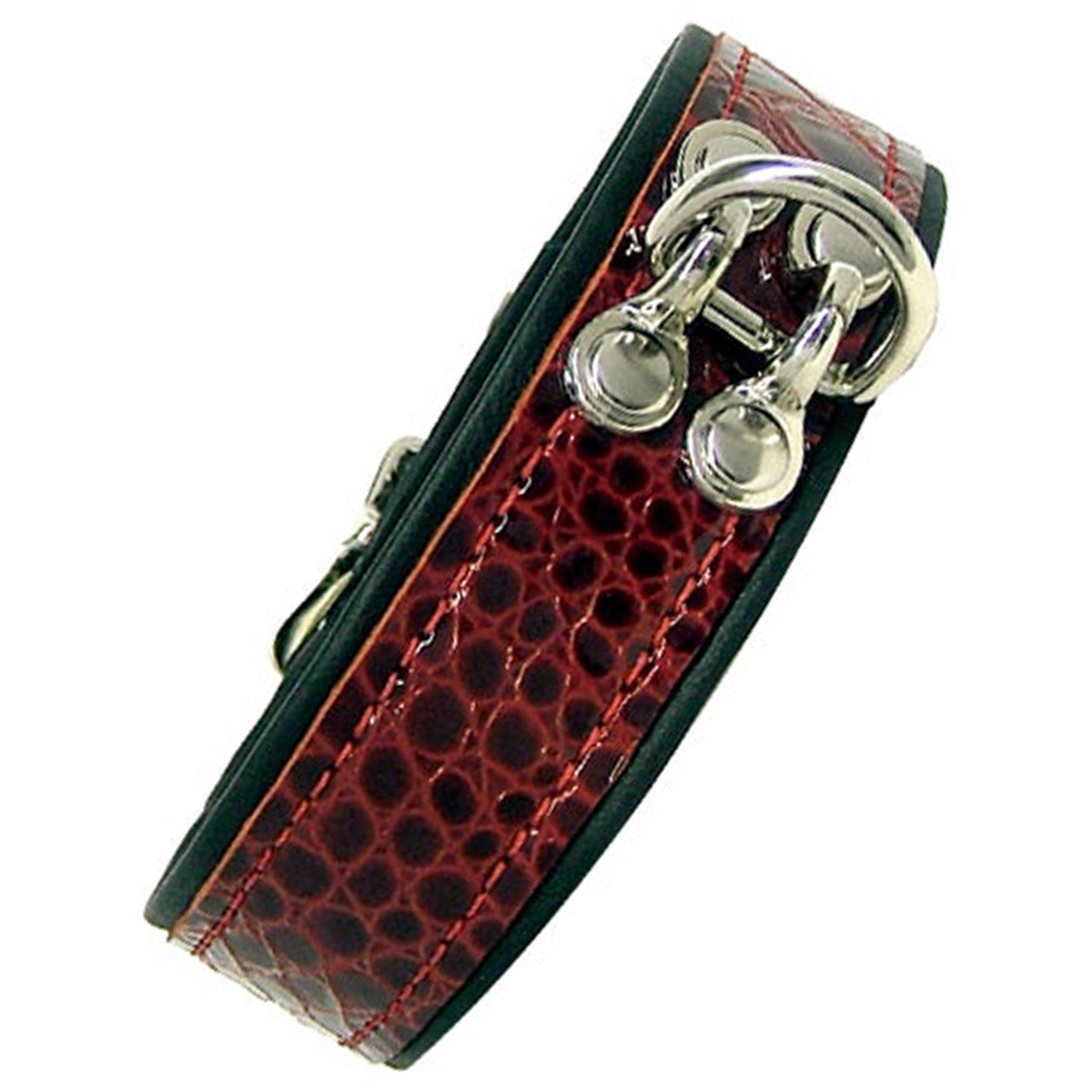 Leather genuine-leather exotic-leather accessories collar choker D-ring hinged adjustable buckle tantalizing must-have fetish fashion alt-fashion punk goth gothic bondage bdsm bdsm-gear restraints kink kinky kinkwear unisex red-and-black cosmo