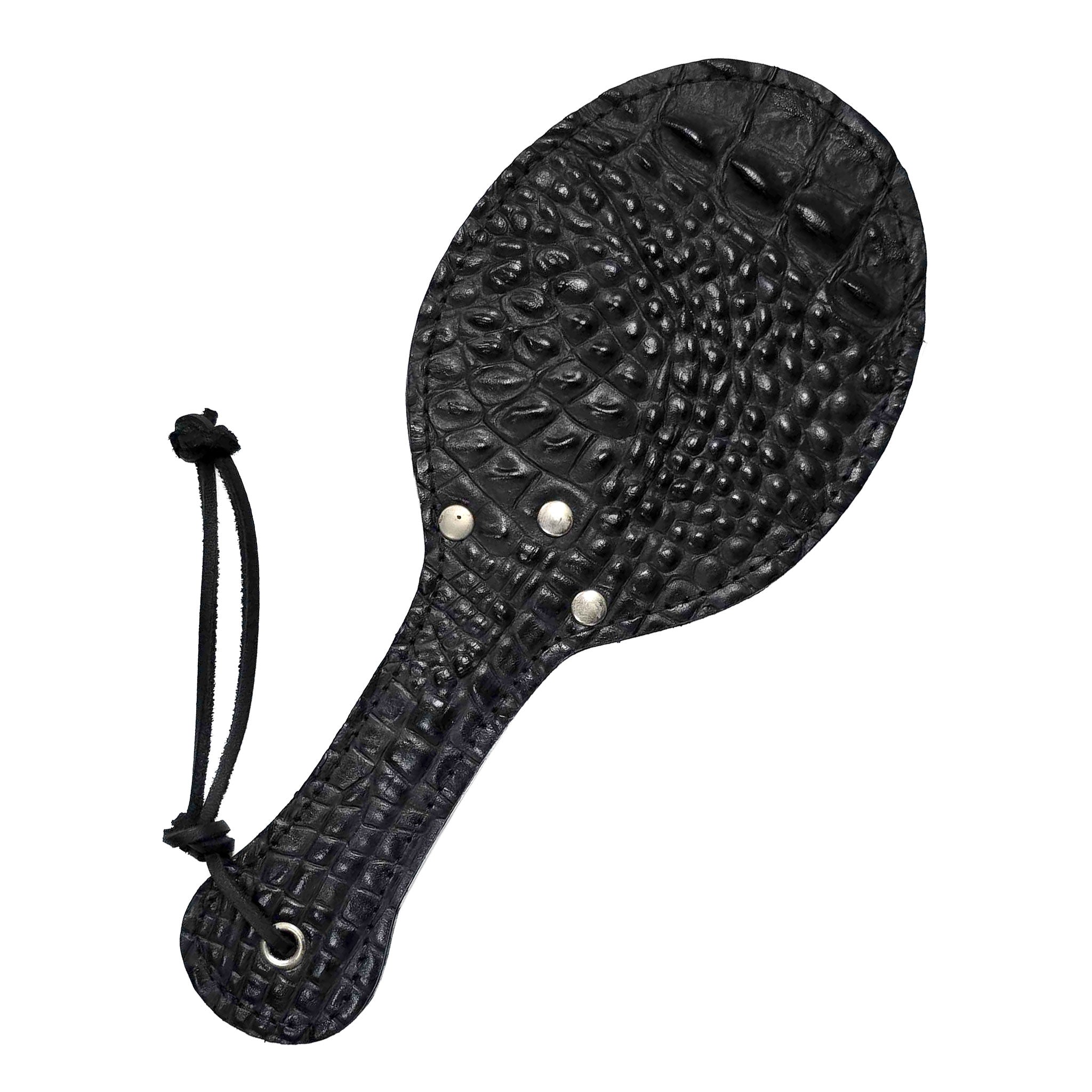 Leather genuine-leather exotic-leather accessories paddle oval-shaped mini-paddle bondage bdsm bdsm-toys bdsm-play bdsm-gear kink kinky kinky-toys kinky-play impact impact-toys impact-play pain spanking discipline sting stocking-stuffer gift adult-toys black-crocodile black croc crocodile