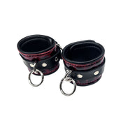 Leather exotic-leather cowhide crocodile croc snake metallic-chrome grommets accessories wrist-cuffs wristcuffs O-ring adjustable buckle D-ring reinforced-eyelets bold adventurous fetish fashion alt-fashion bedroom bondage bdsm bdsm-gear bdsm-toys restraints wrist-restraints sub submissive submission kink kinky kinky-toys kinky-play adult-toys unisex black red