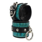 Leather exotic-leather cowhide crocodile croc snake metallic-chrome grommets accessories wrist-cuffs wristcuffs O-ring adjustable buckle D-ring reinforced-eyelets bold adventurous fetish fashion alt-fashion bedroom bondage bdsm bdsm-gear bdsm-toys restraints wrist-restraints sub submissive submission kink kinky kinky-toys kinky-play adult-toys unisex turquoise