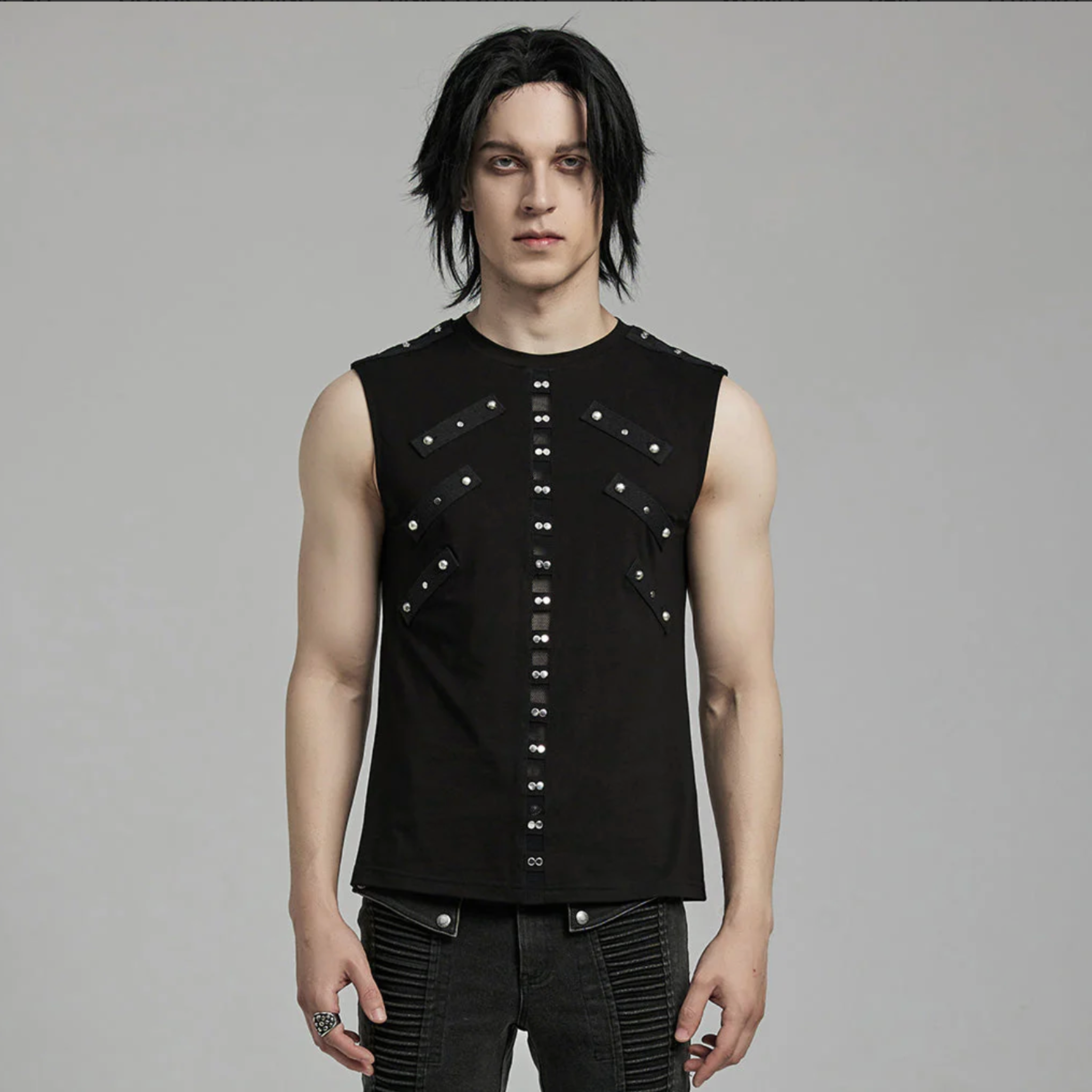 punk tank top studded black sleeveless fitted gothic tank cotton elastane alternative fashion edgy mens top streetwear
