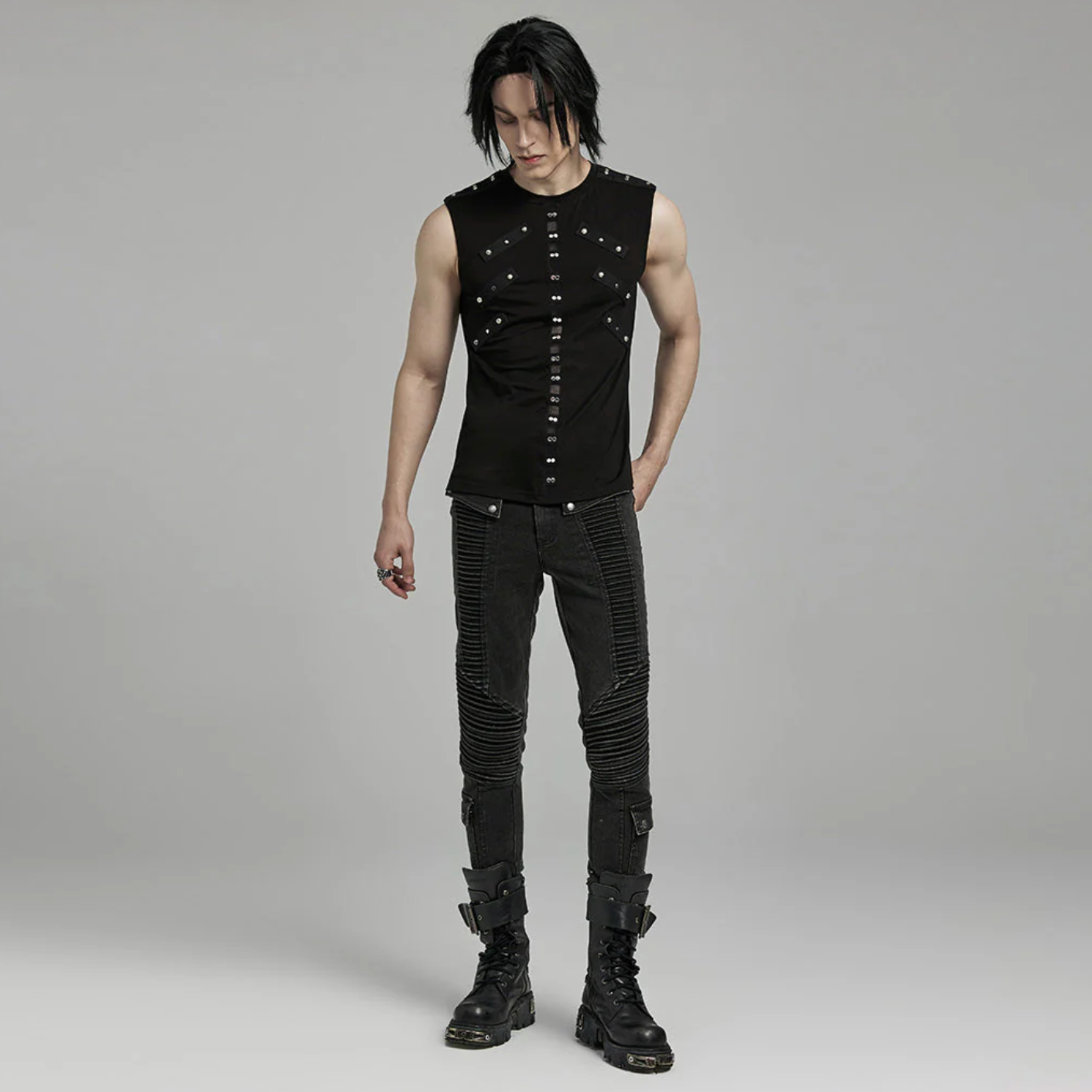 punk tank top studded black sleeveless fitted gothic tank cotton elastane alternative fashion edgy mens top streetwear