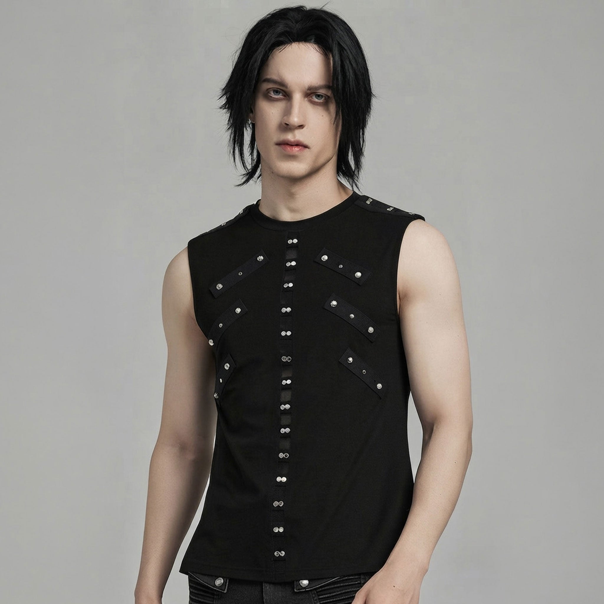 Spandex elastane cotton mesh apparel top tank-top sleeveless studs studded clean structured stretchy comfortable fitted bold edgy fetish fashion alt-fashion alternative punk goth gothic cyber festivalwear rave ravewear streetwear afterdark-collection male masculine masc mens menswear guys dudes black 