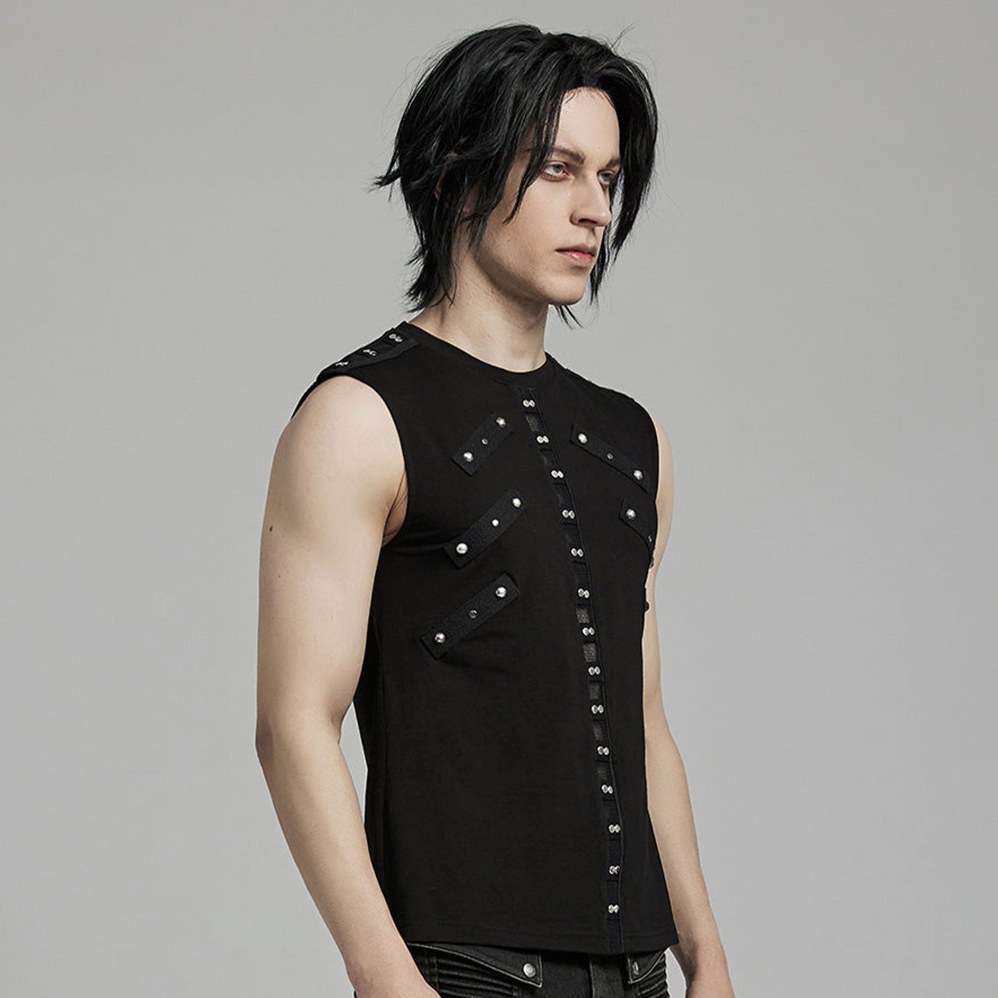 Spandex elastane cotton mesh apparel top tank-top sleeveless studs studded clean structured stretchy comfortable fitted bold edgy fetish fashion alt-fashion alternative punk goth gothic cyber festivalwear rave ravewear streetwear afterdark-collection male masculine masc mens menswear guys dudes black 