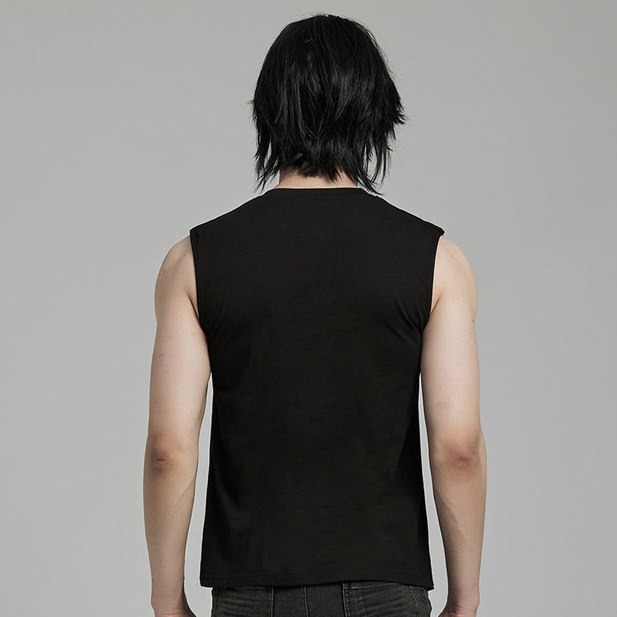 Spandex elastane cotton mesh apparel top tank-top sleeveless studs studded clean structured stretchy comfortable fitted bold edgy fetish fashion alt-fashion alternative punk goth gothic cyber festivalwear rave ravewear streetwear afterdark-collection male masculine masc mens menswear guys dudes black 